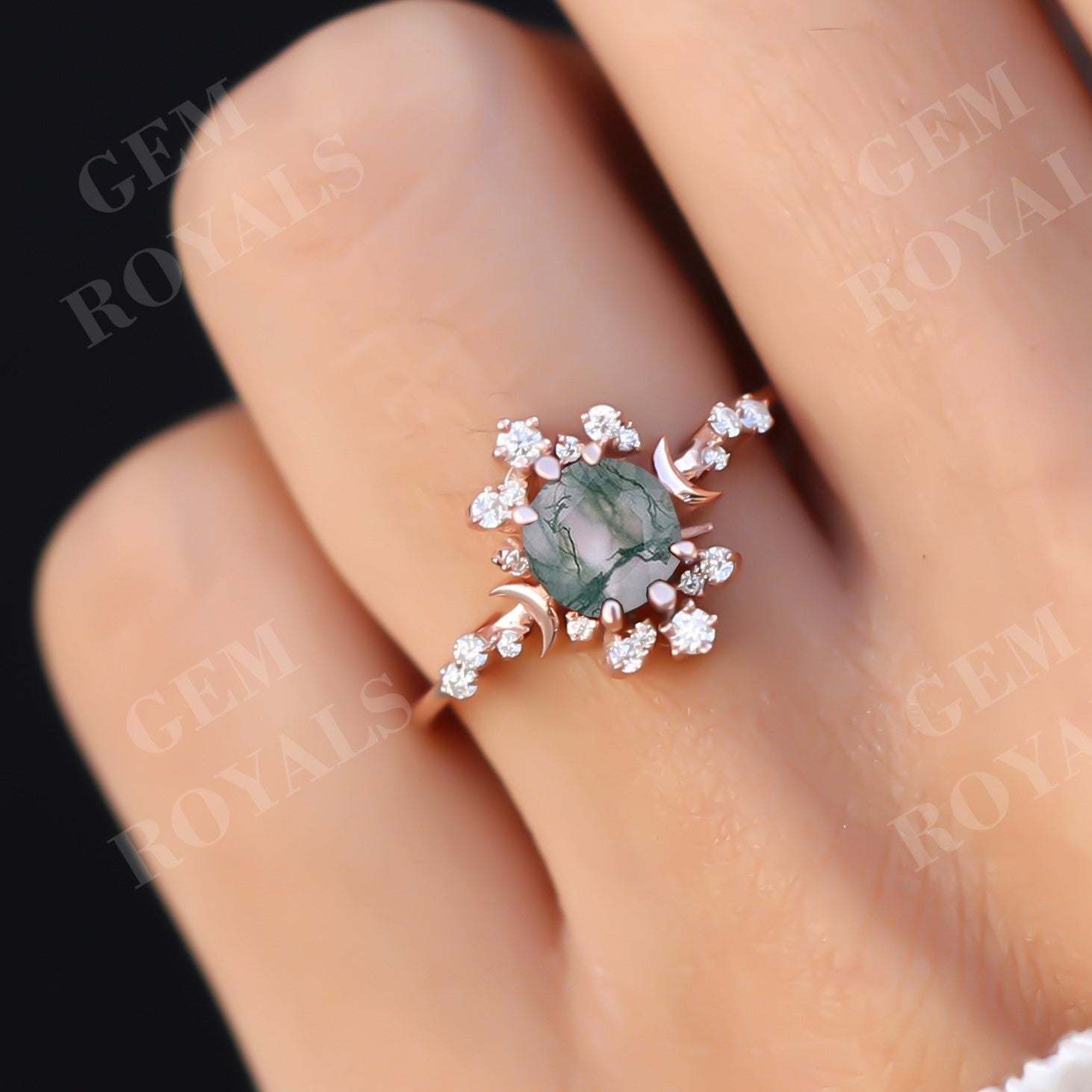 Art Deco Round Natural Green Moss Agate Engagement Ring