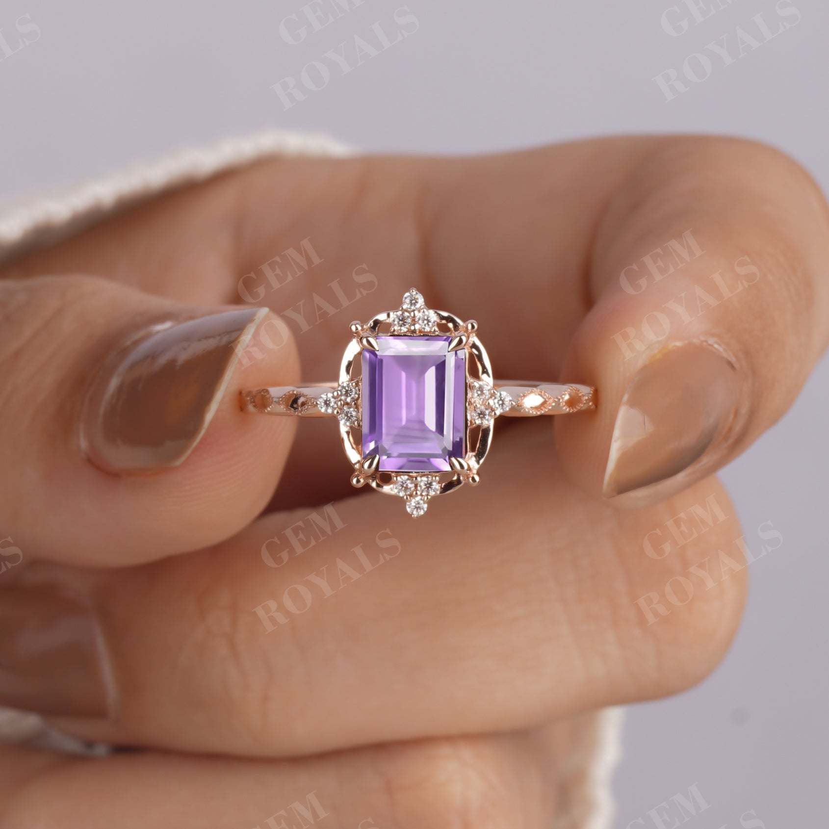 Art Deco Emerald Cut Amethyst Engagement Ring