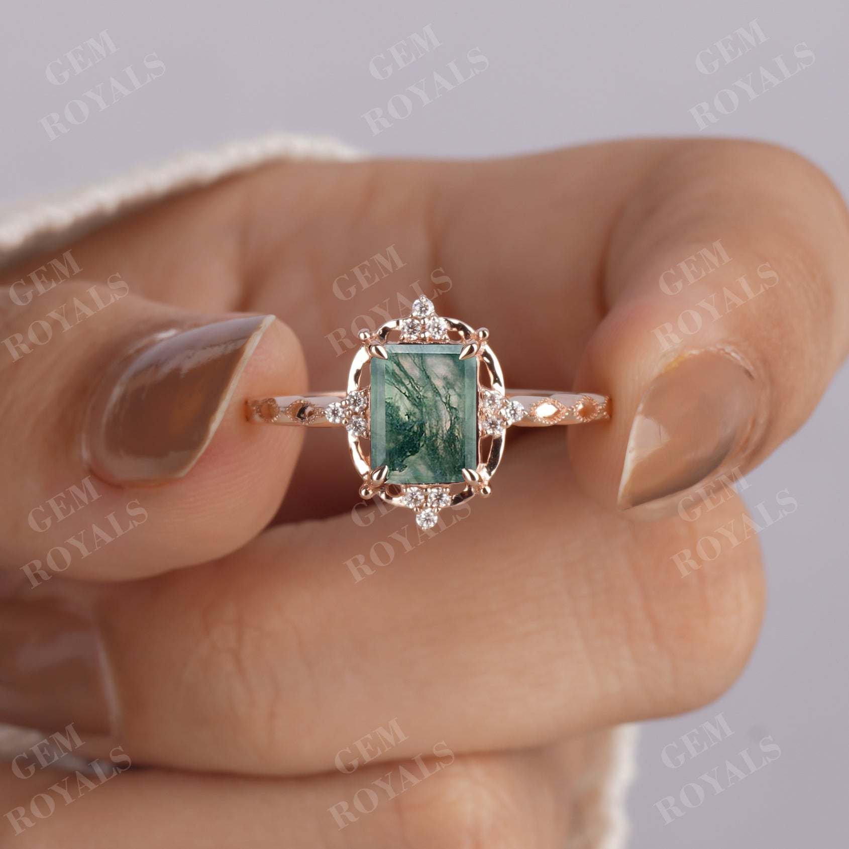 Vintage Emerald Natural Green Moss Agate Engagement Ring