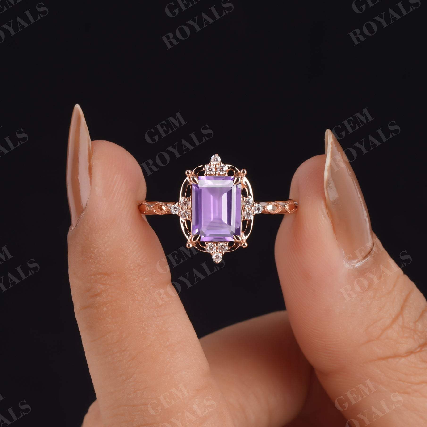 Art Deco Emerald Cut Amethyst Engagement Ring