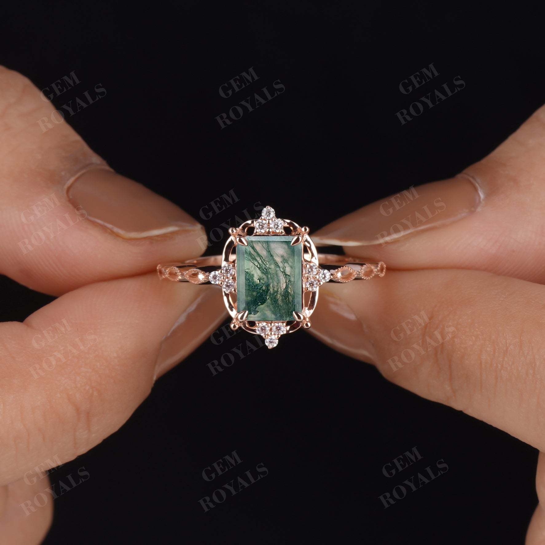 Vintage Emerald Natural Green Moss Agate Engagement Ring