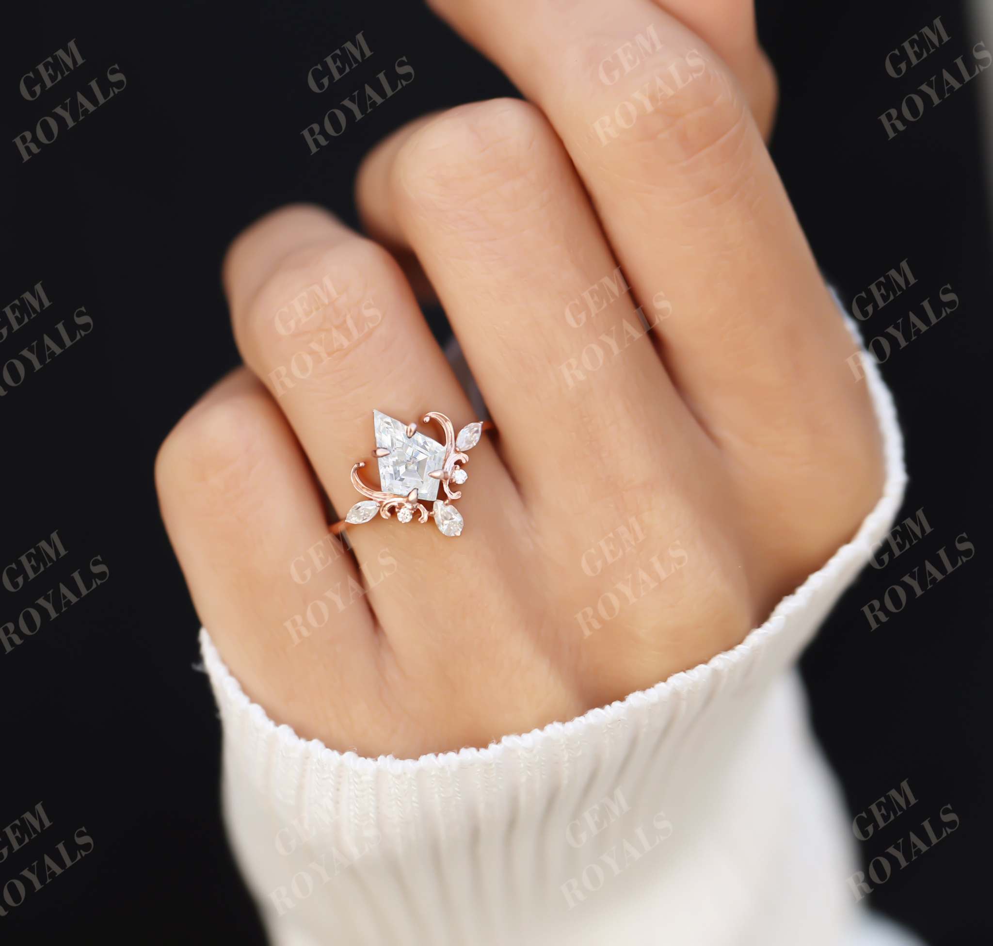 Vintage Style Unique Kite Shaped Moissanite Engagement Ring