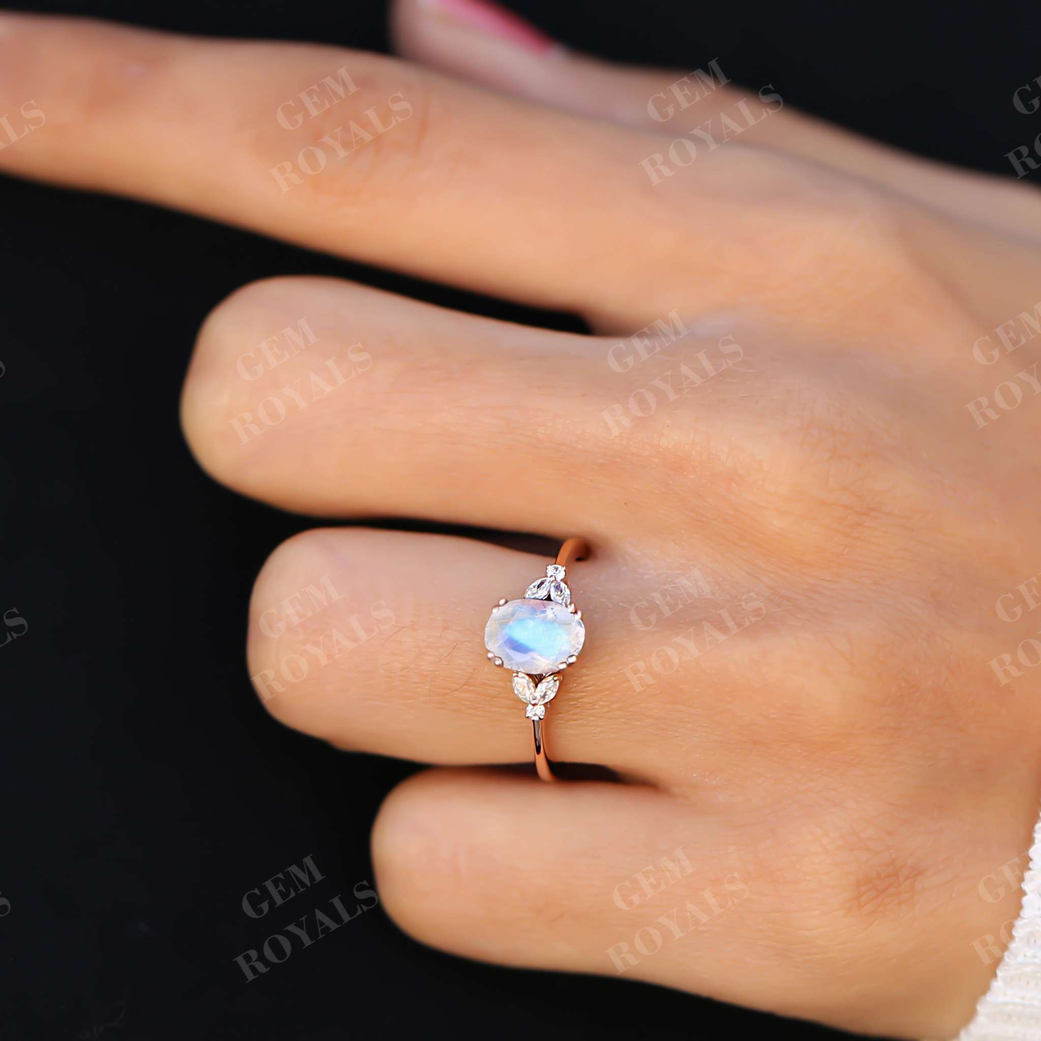 Cluster Oval Cut Rainbow Moonstone Engagement Ring