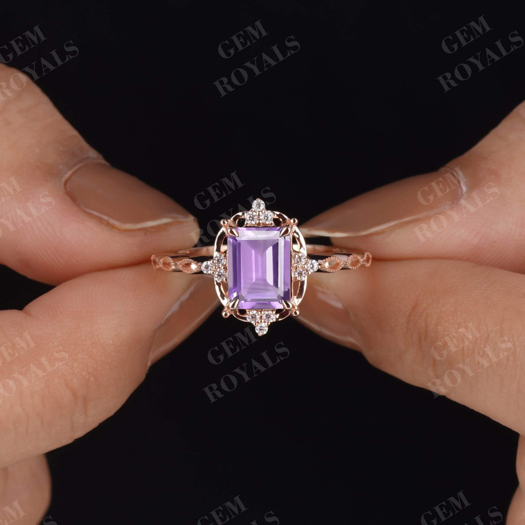 Art Deco Emerald Cut Amethyst Engagement Ring