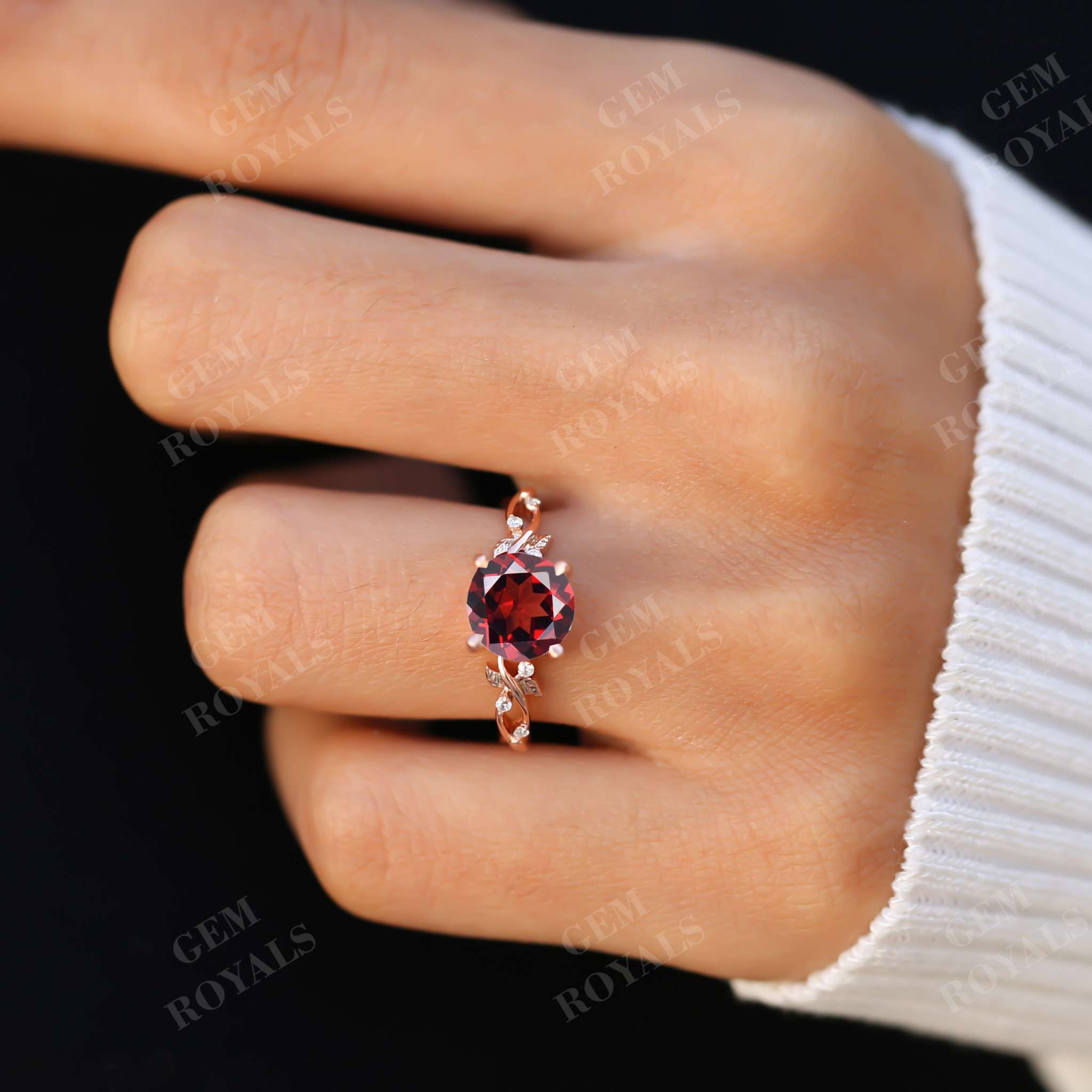 Dainty Nature Inspired Round Natural Garnet Engagement Ring