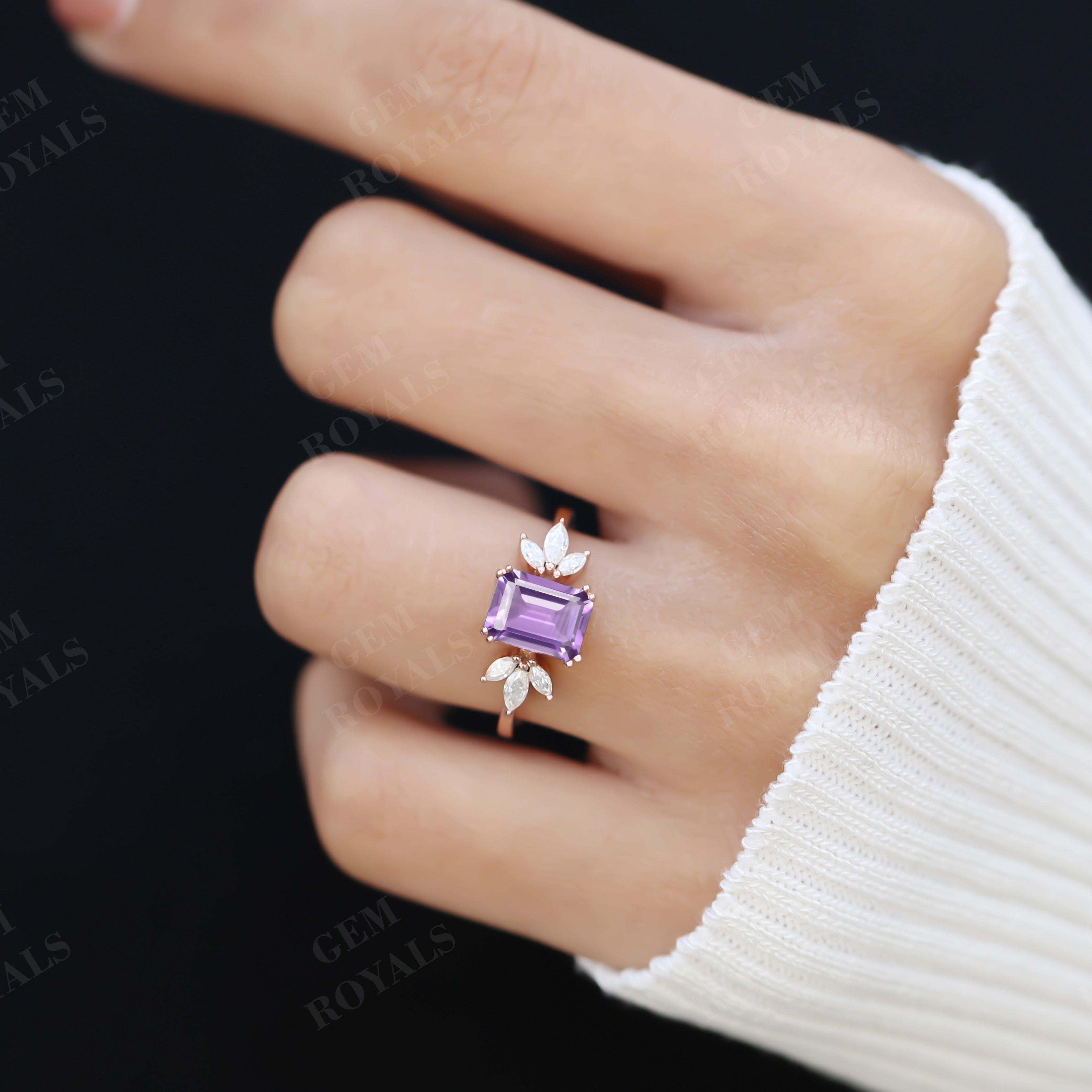 Solitaire Emerald Cut Natural Amethyst Engagement Ring