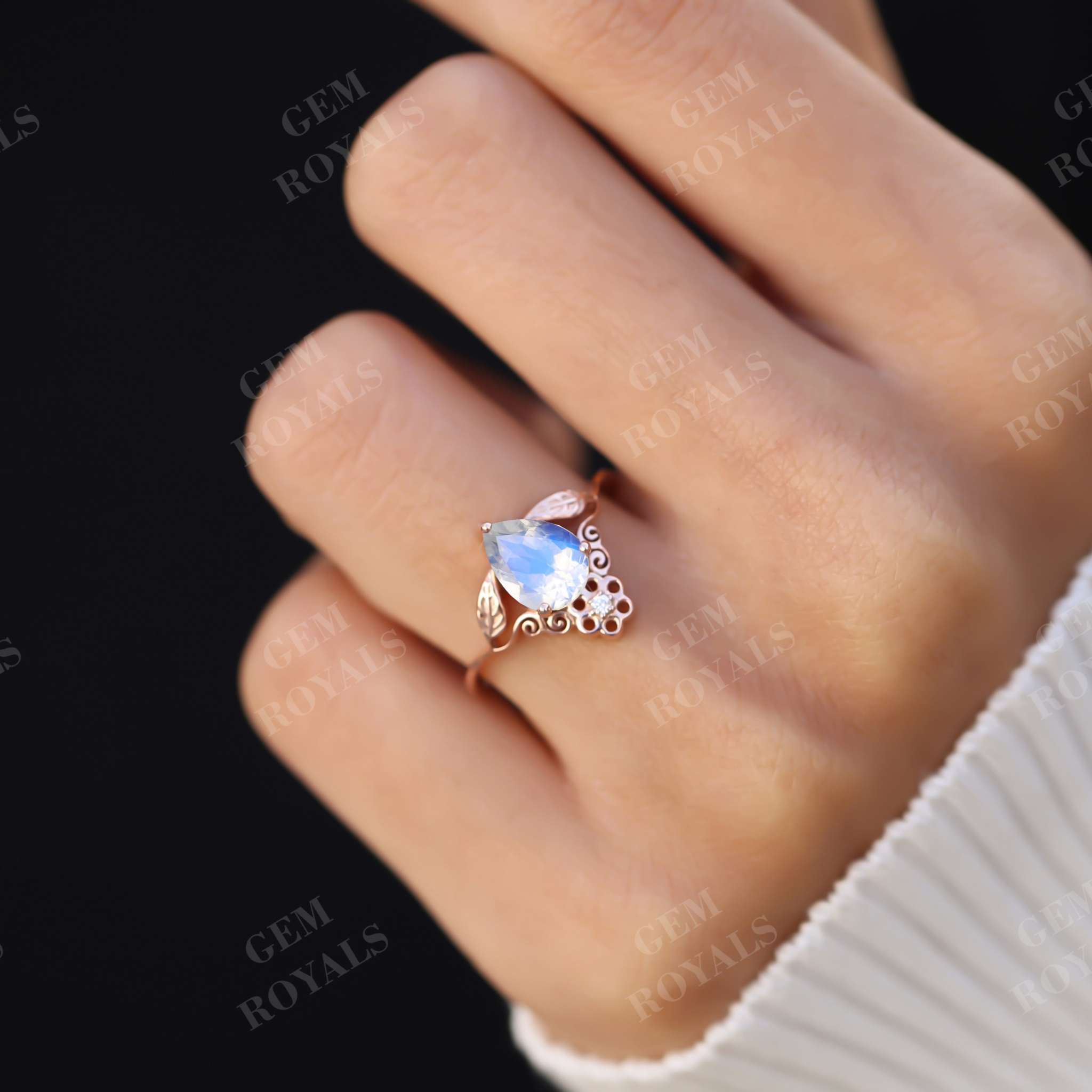 Vintage Nature Inspired Leaf Moonstone Engagement Ring