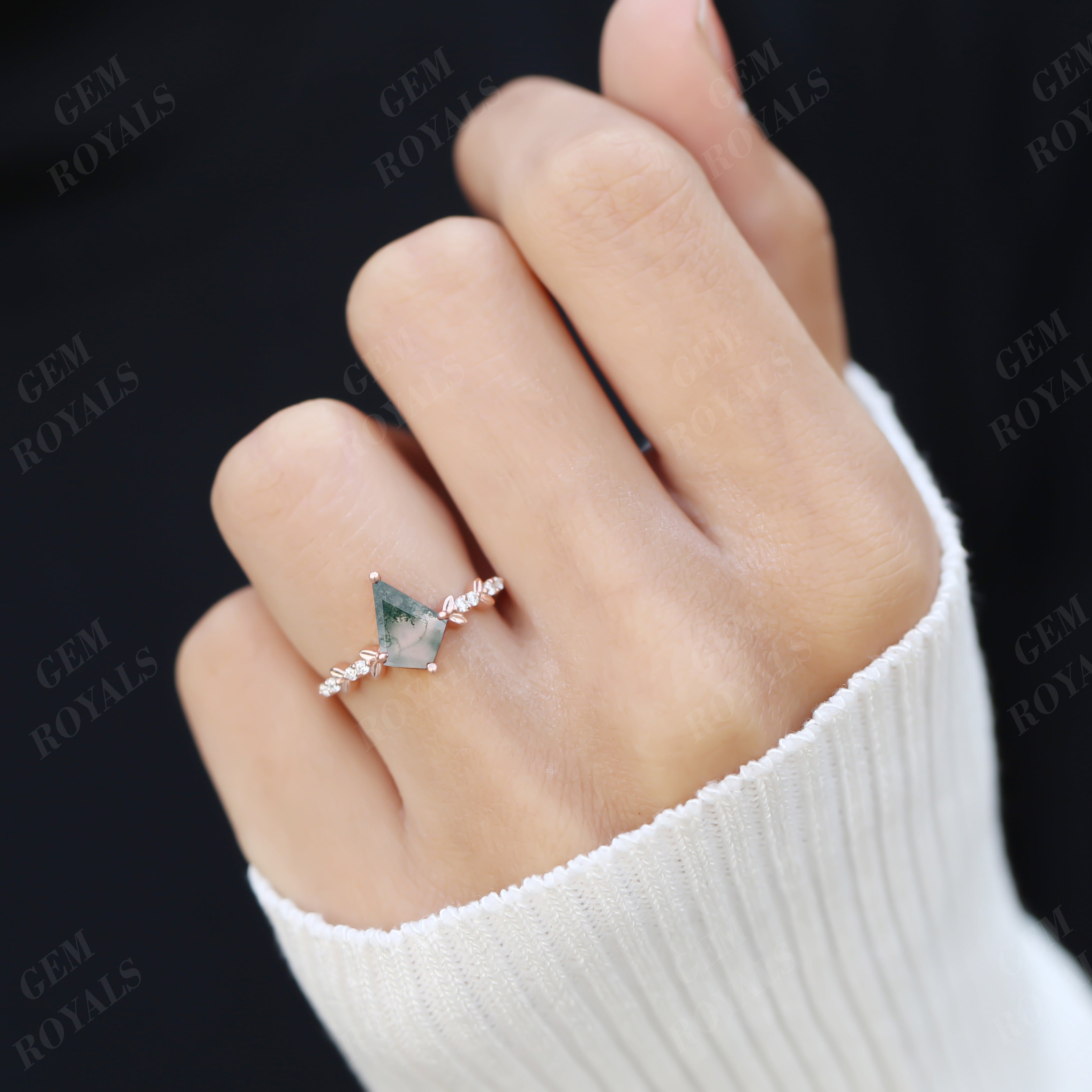 Nature Inspired Leaf Kite Cut Green Moss Agate Engagement Ring