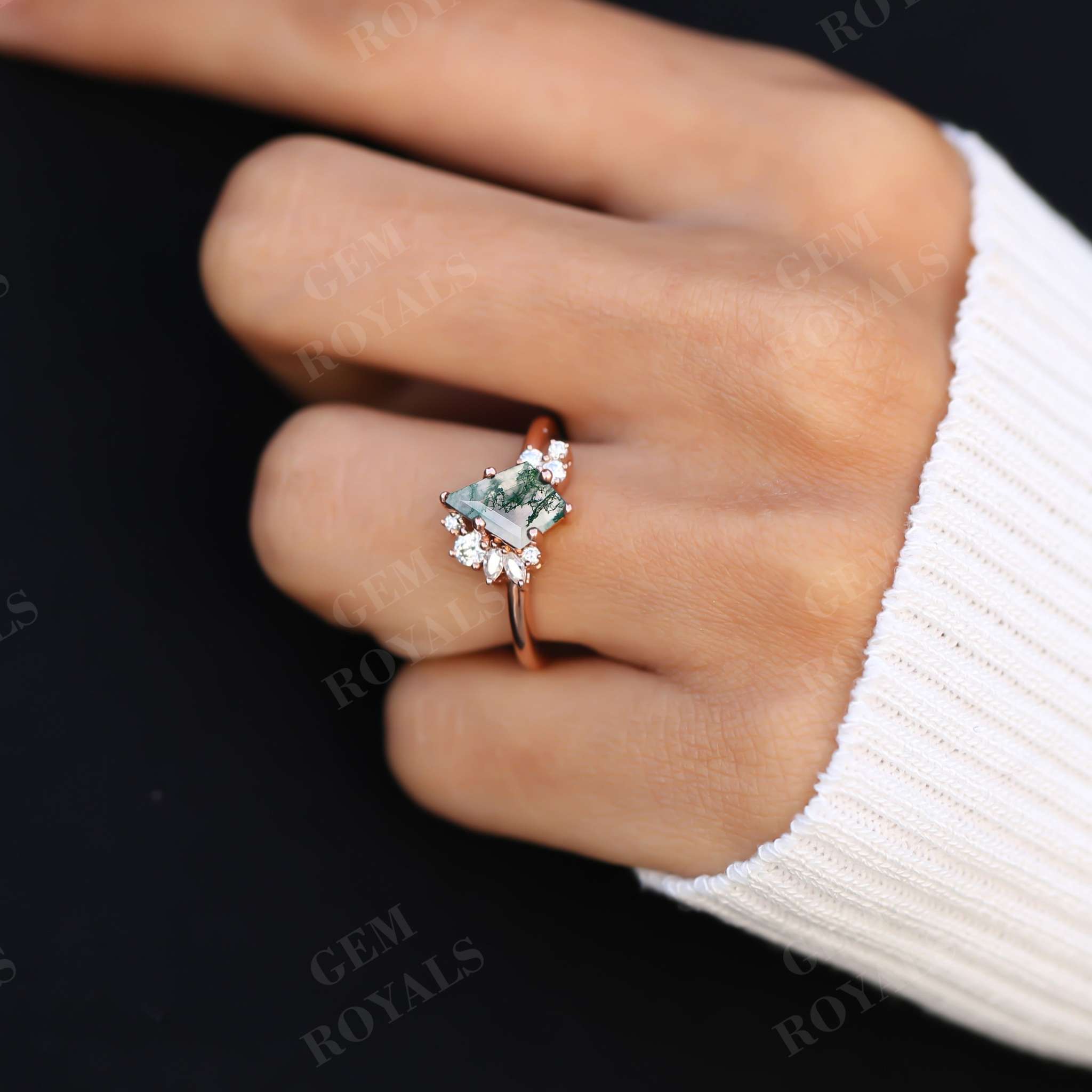 Vintage Kite Cut Natural Moss Agate Cluster Engagement Ring