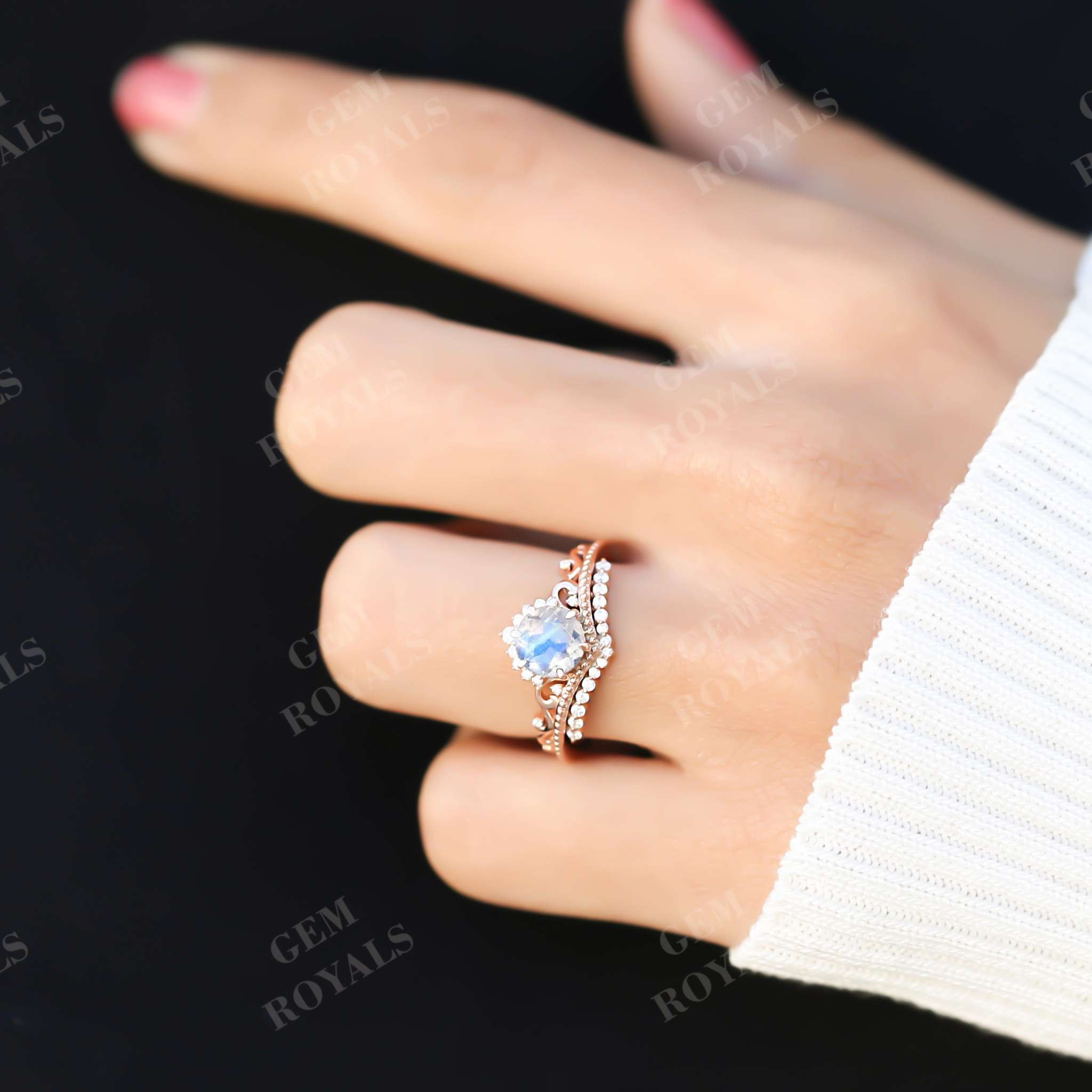 Vintage Style Unique Round Moonstone Engagement Ring