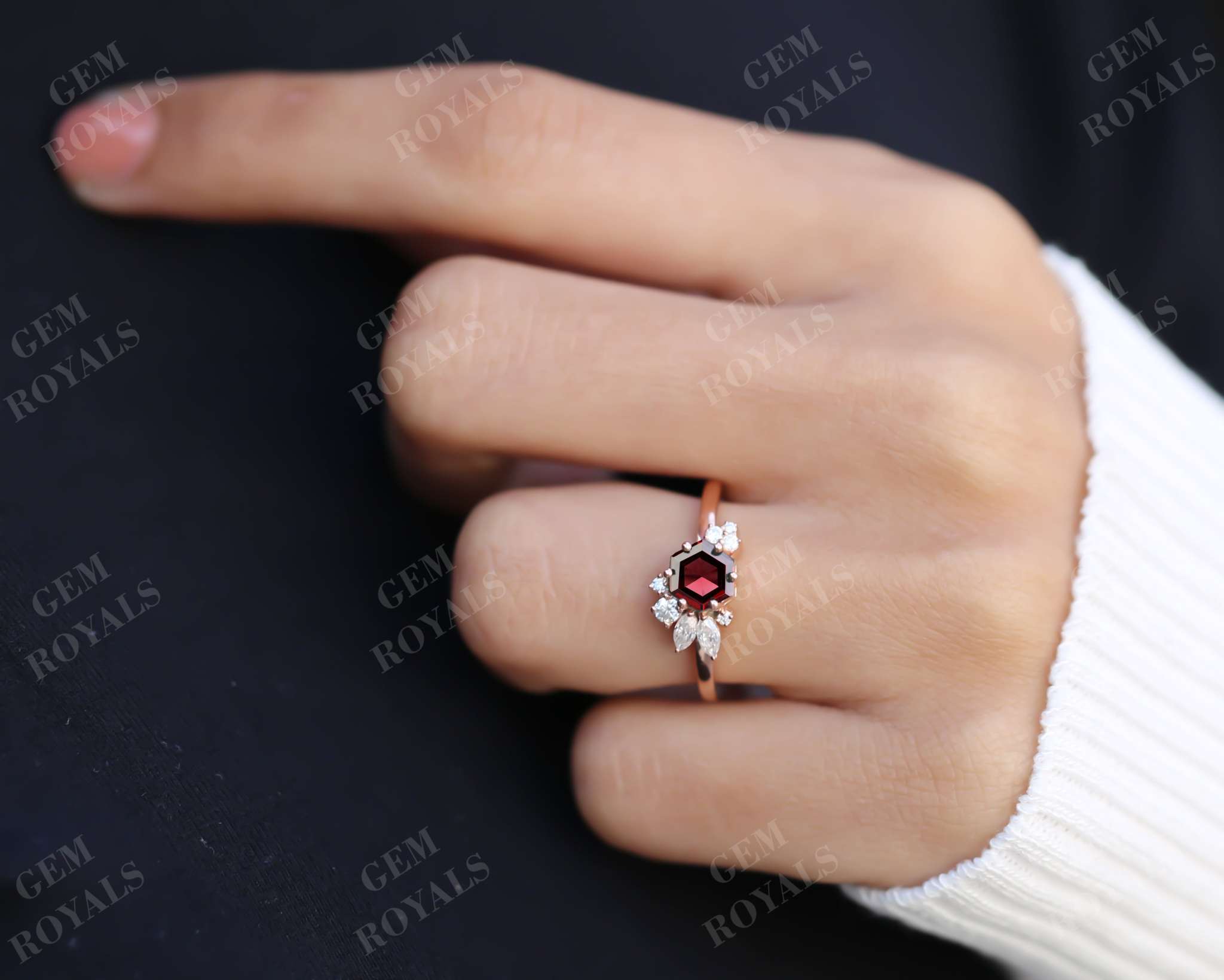 Hexagon Cut Red Garnet Vintage Style Engagement Ring