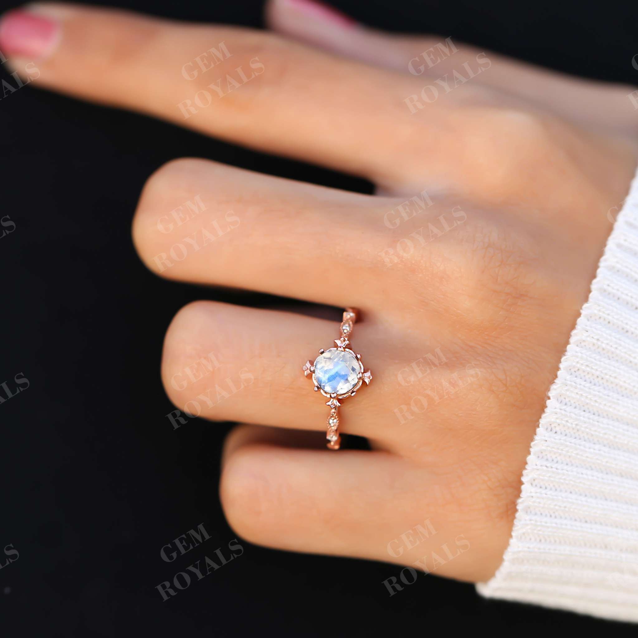 Vintage Round Cut Rainbow Moonstone Engagement Ring