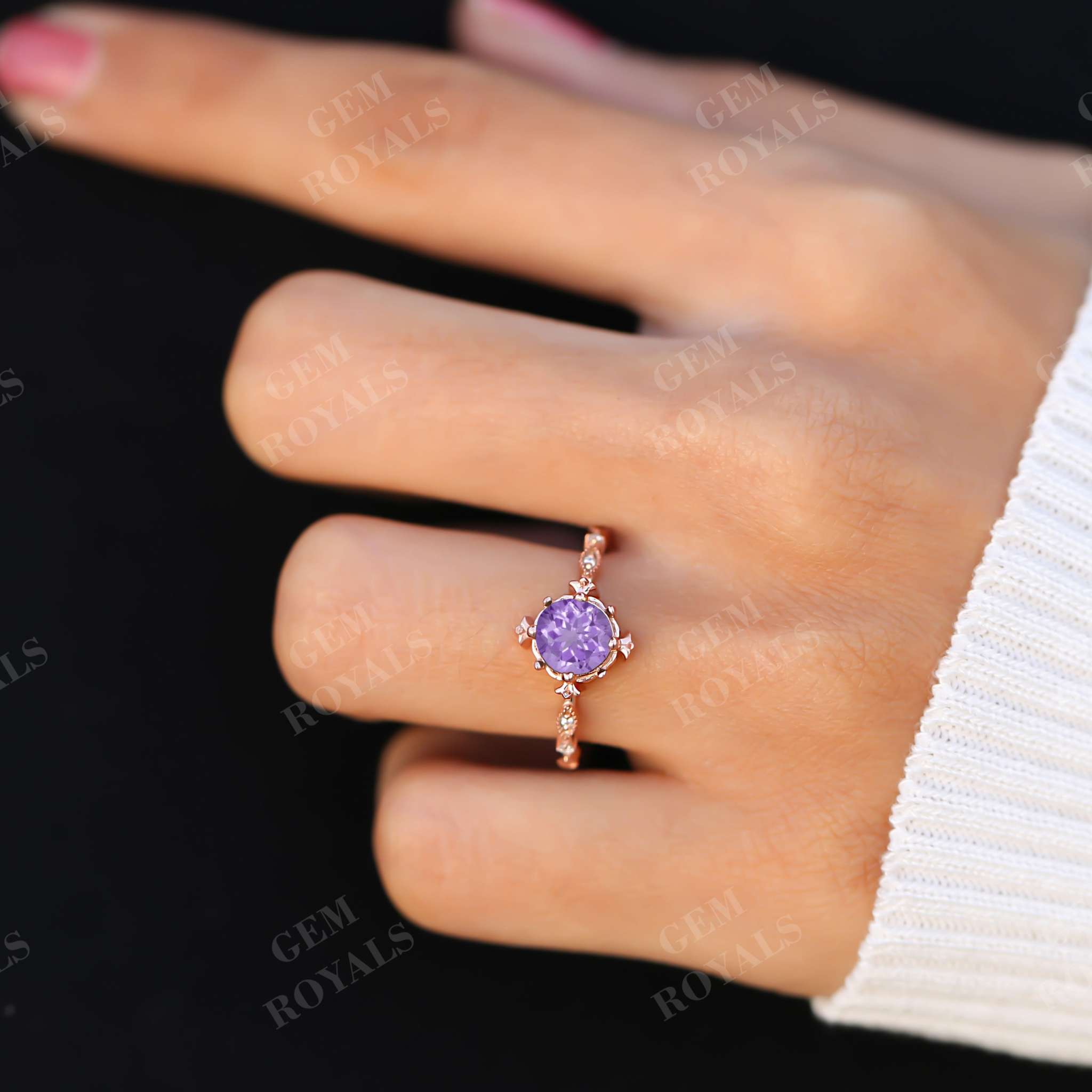 Dainty Round Natural Amethyst Engagement Ring