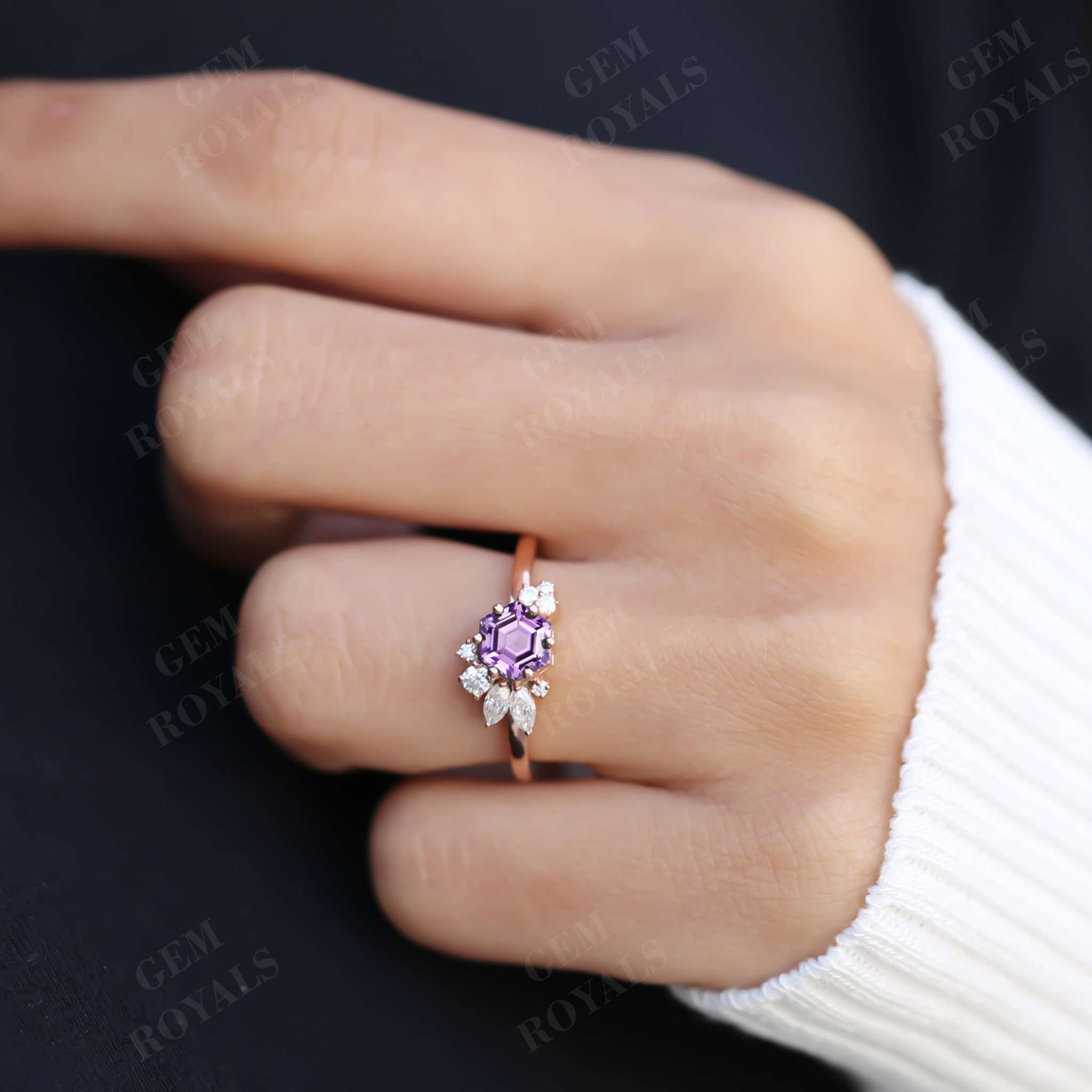 Vintage Hexagon Cut Natural Amethyst Engagement Ring