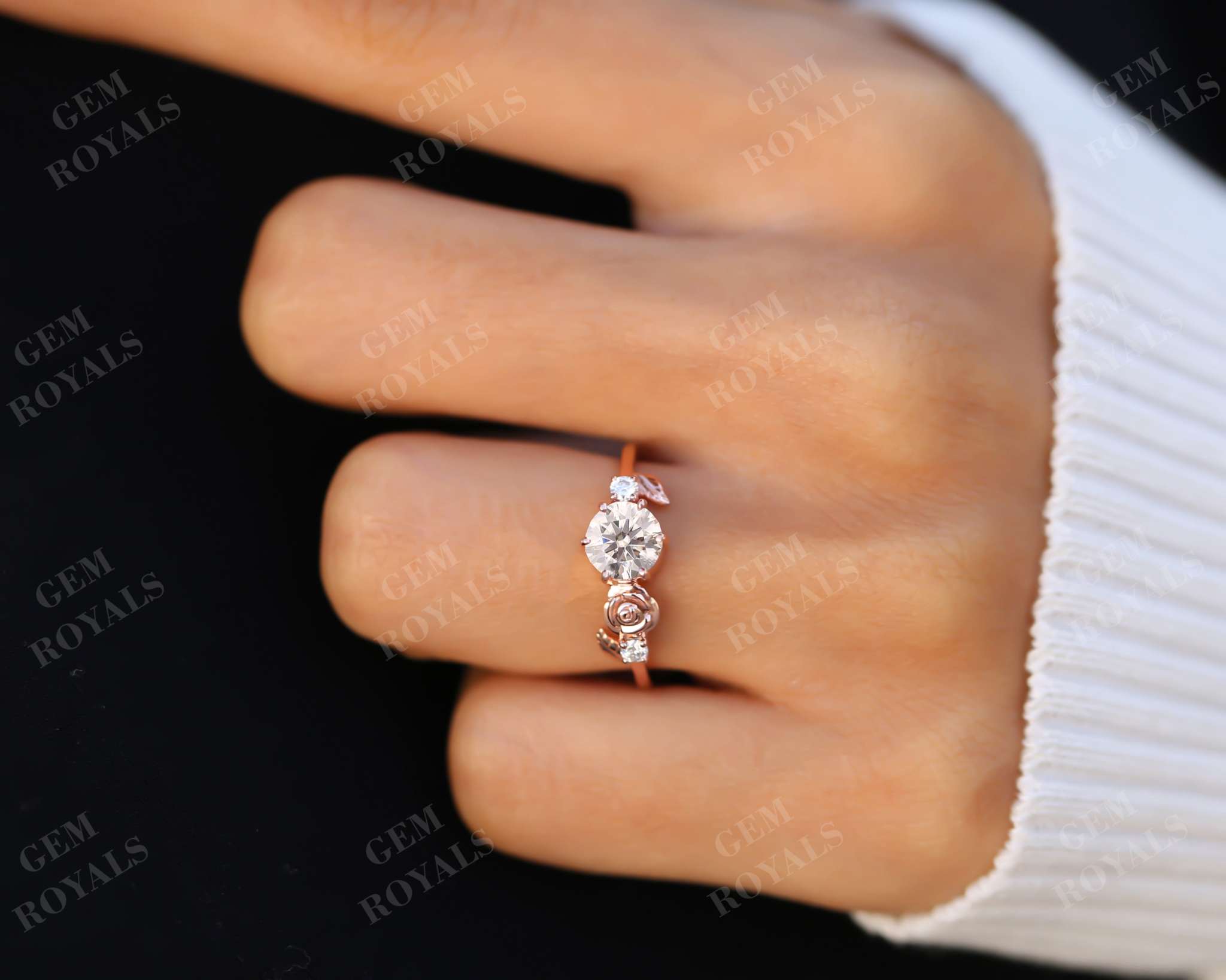 Round Brilliant Cut Moissanite Flower Leaf Design Ring