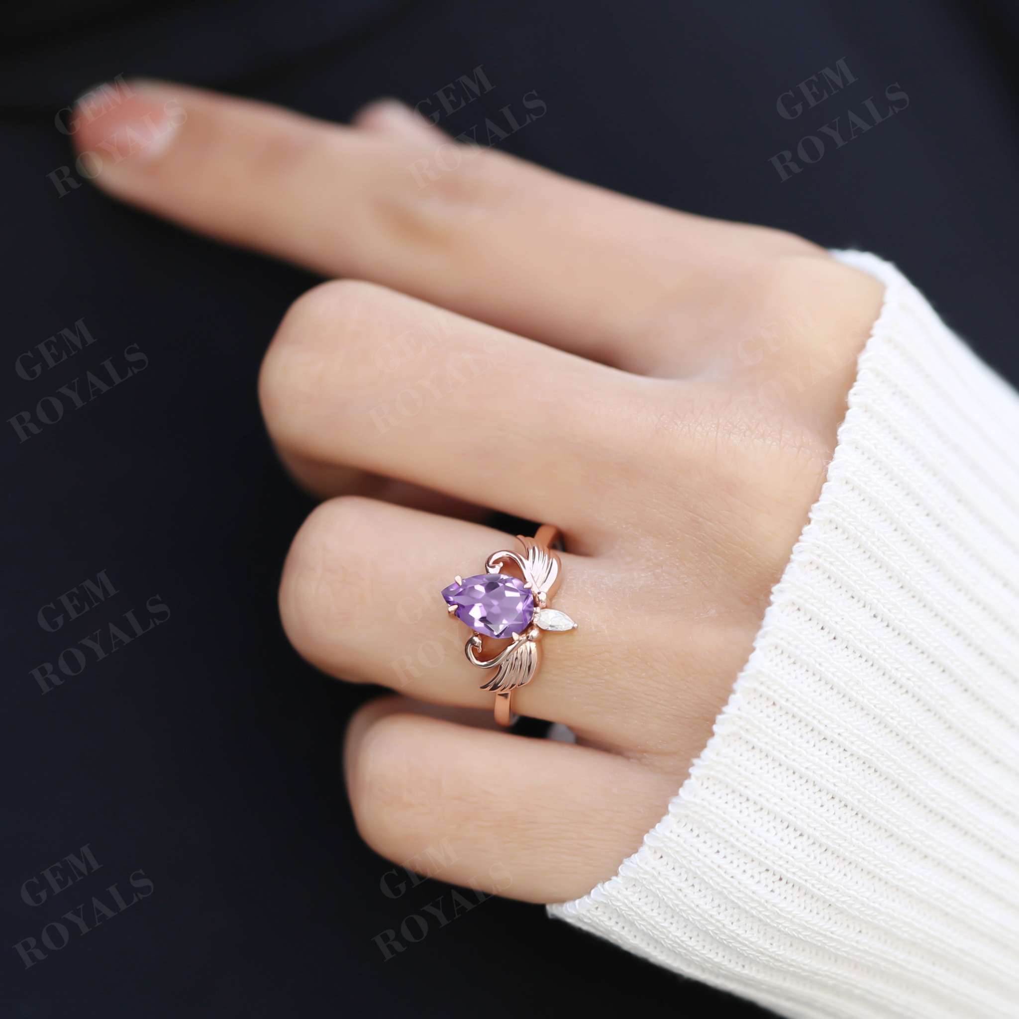 Antique Pear Cut Natural Purple Amethyst Engagement Ring