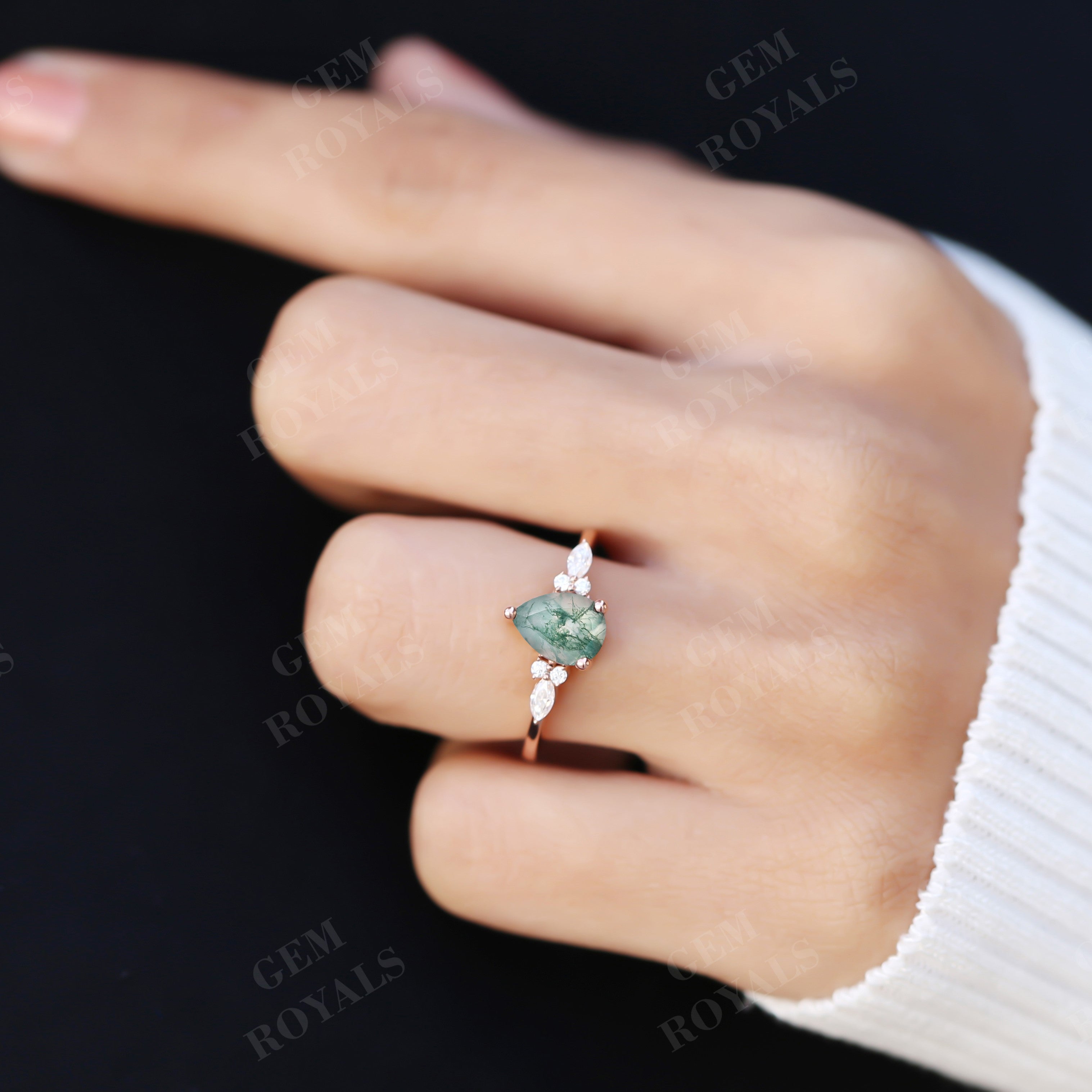 Cluster Pear Cut Natural Green Moss Agate Engagement Ring