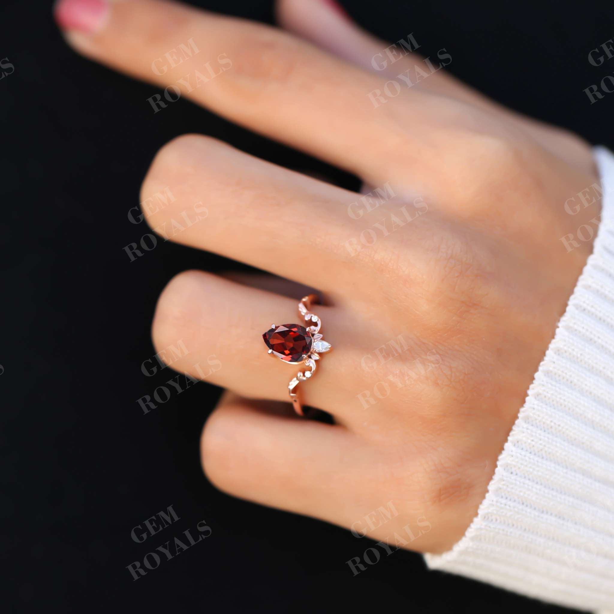 Vintage Unique Pear Shaped Red Garnet Engagement Ring