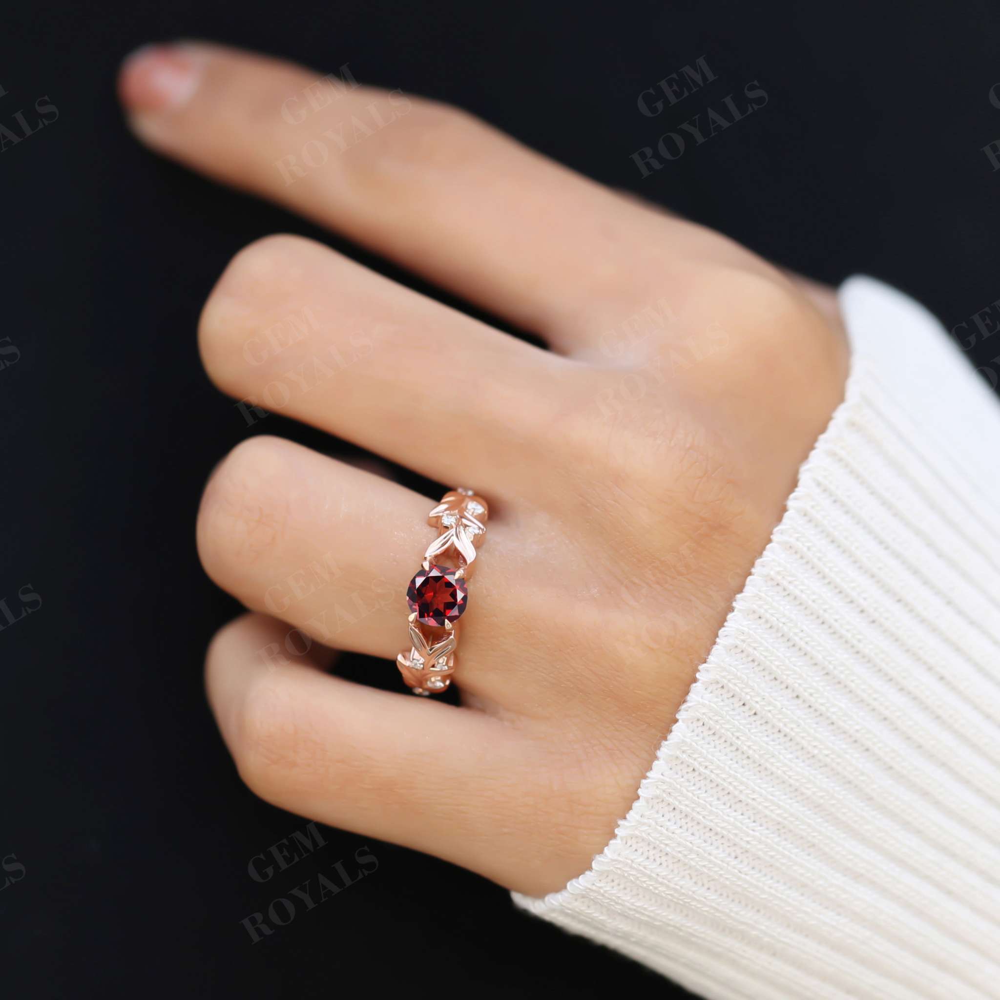 Nature Inspired Round Natural Red Garnet Engagement Ring