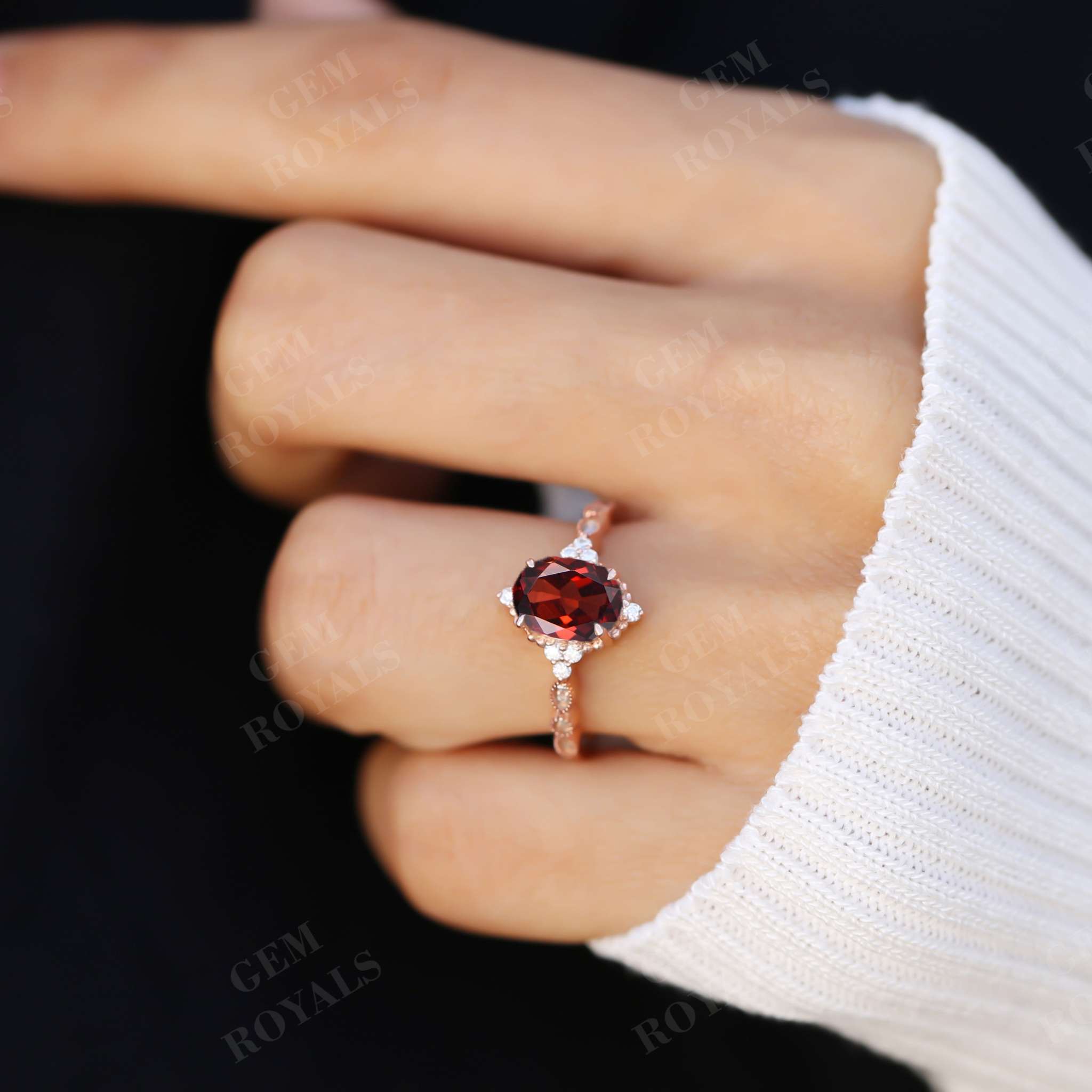 Unique Art Deco Oval Cut Red Garnet Engagement Ring