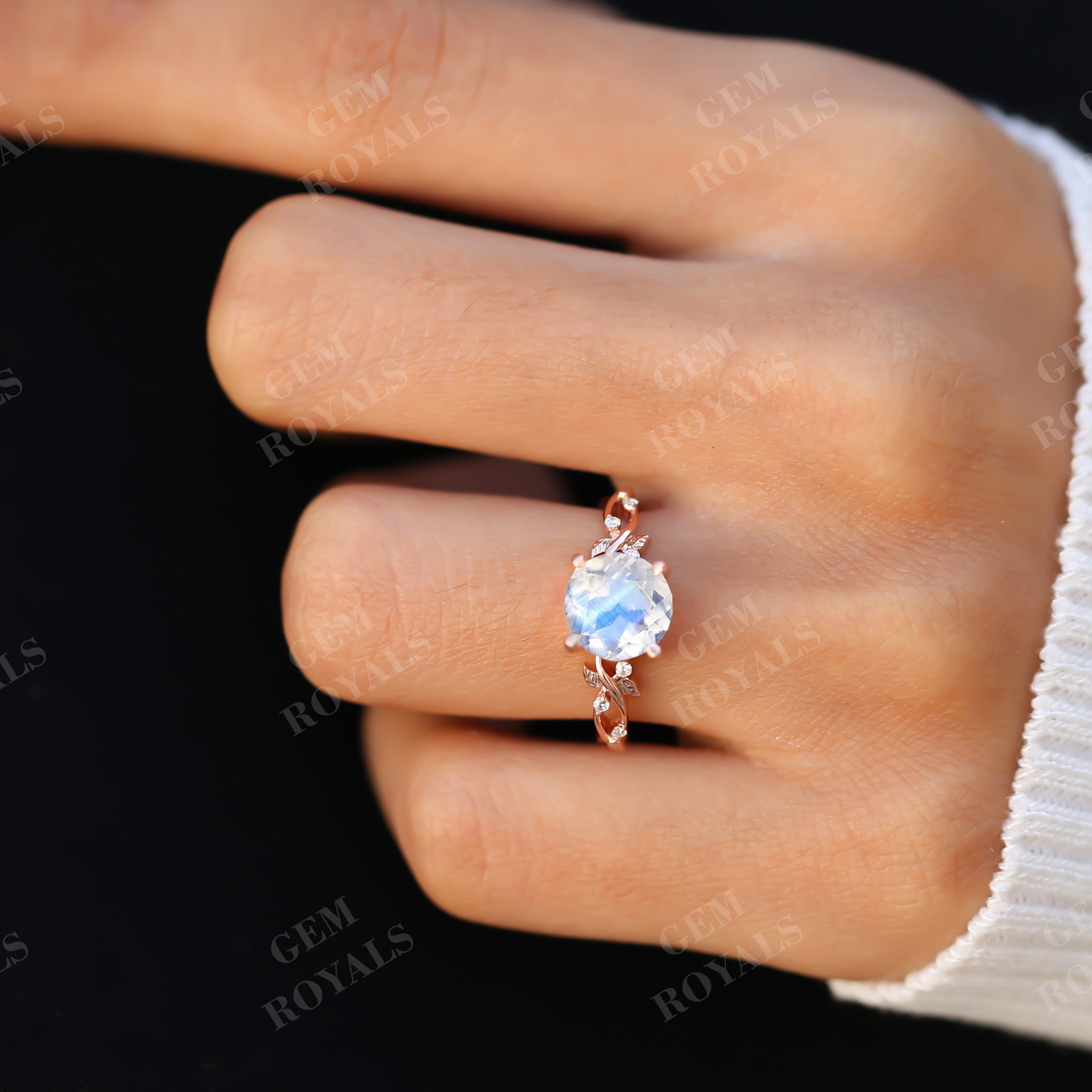 Nature Inspired Round Rainbow Moonstone Engagement Ring