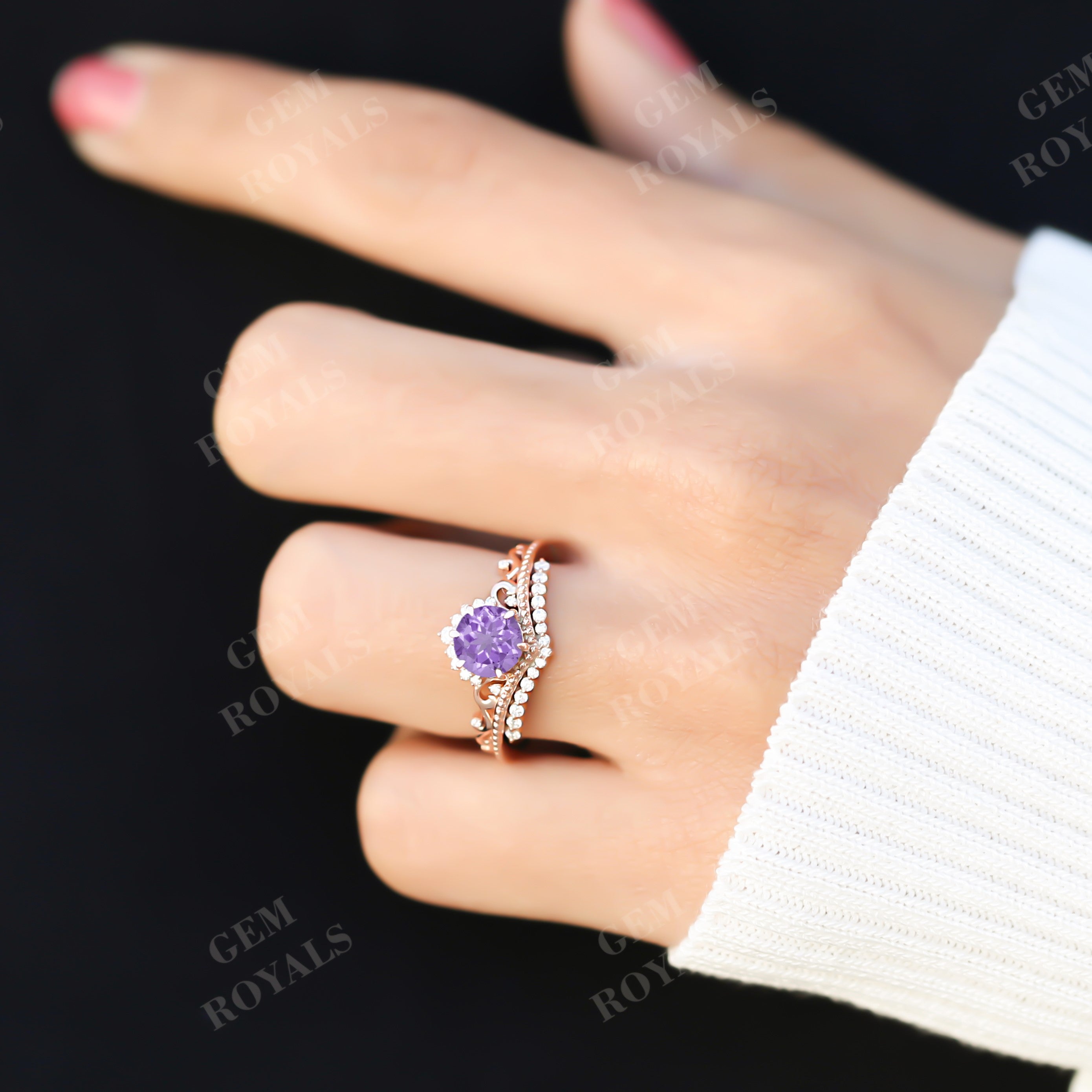 Art Deco Chevron style Round Amethyst Engagement Ring