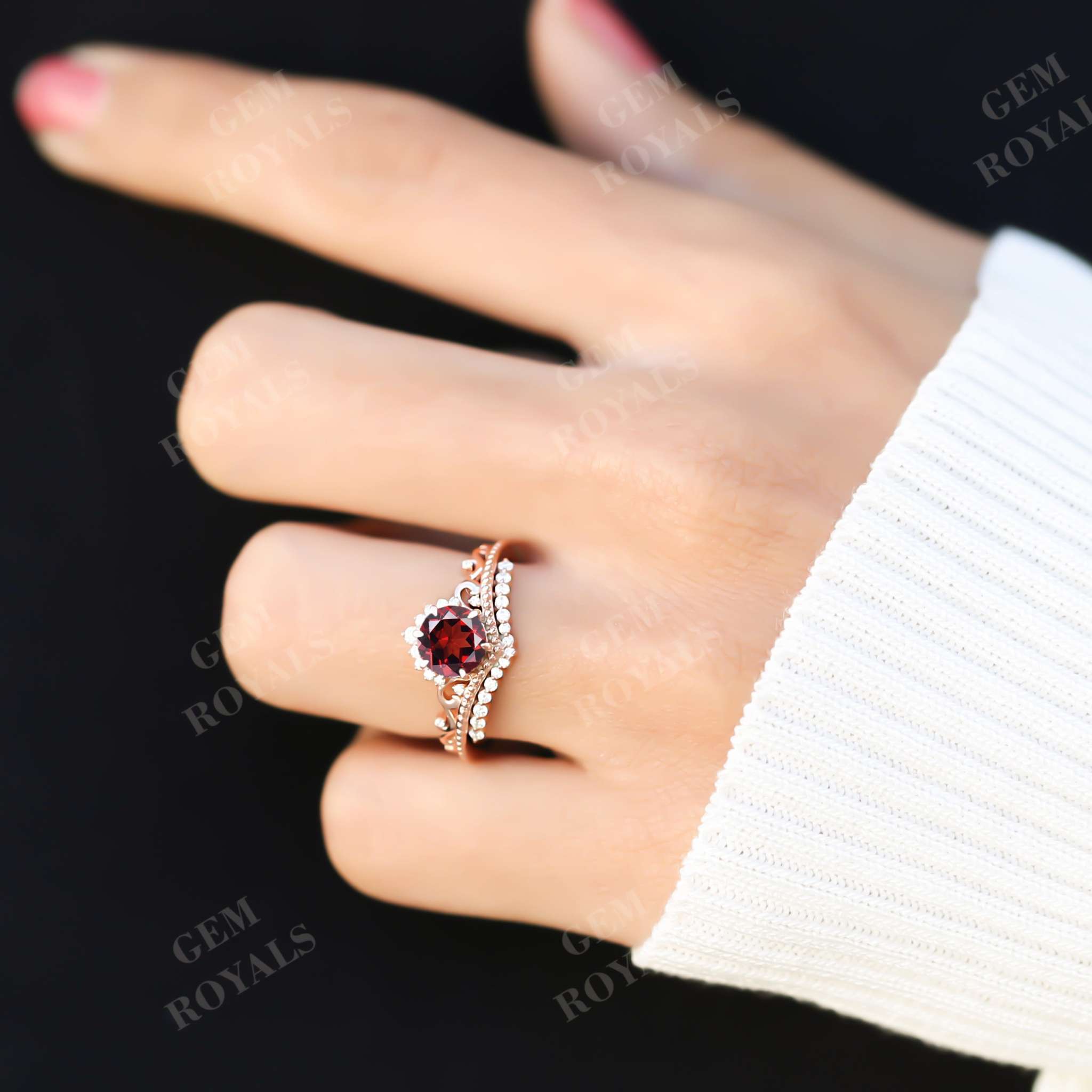 Unique Chevron Round Red Garnet Engagement Ring