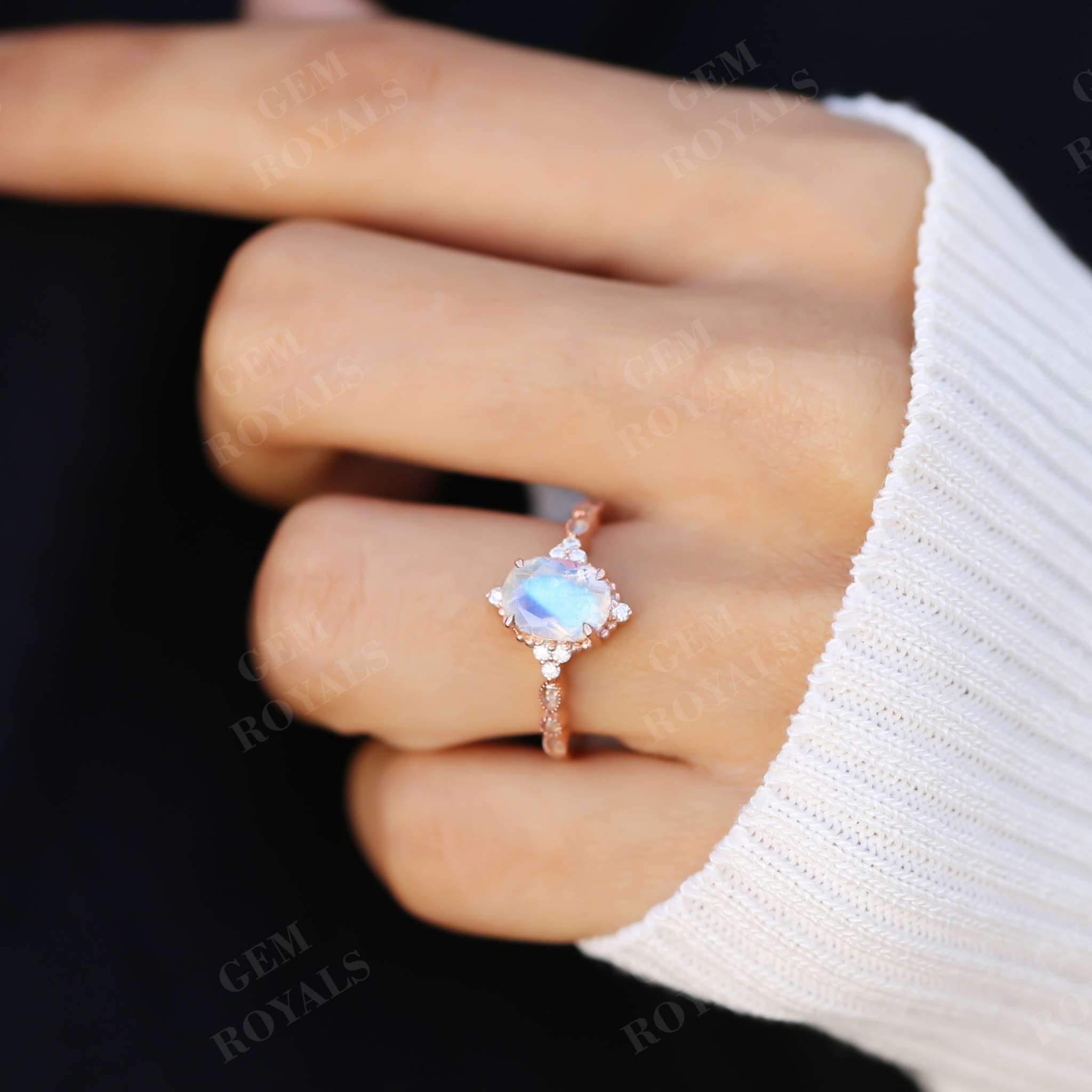 Vintage Oval Cut Rainbow Moonstone Engagement Ring