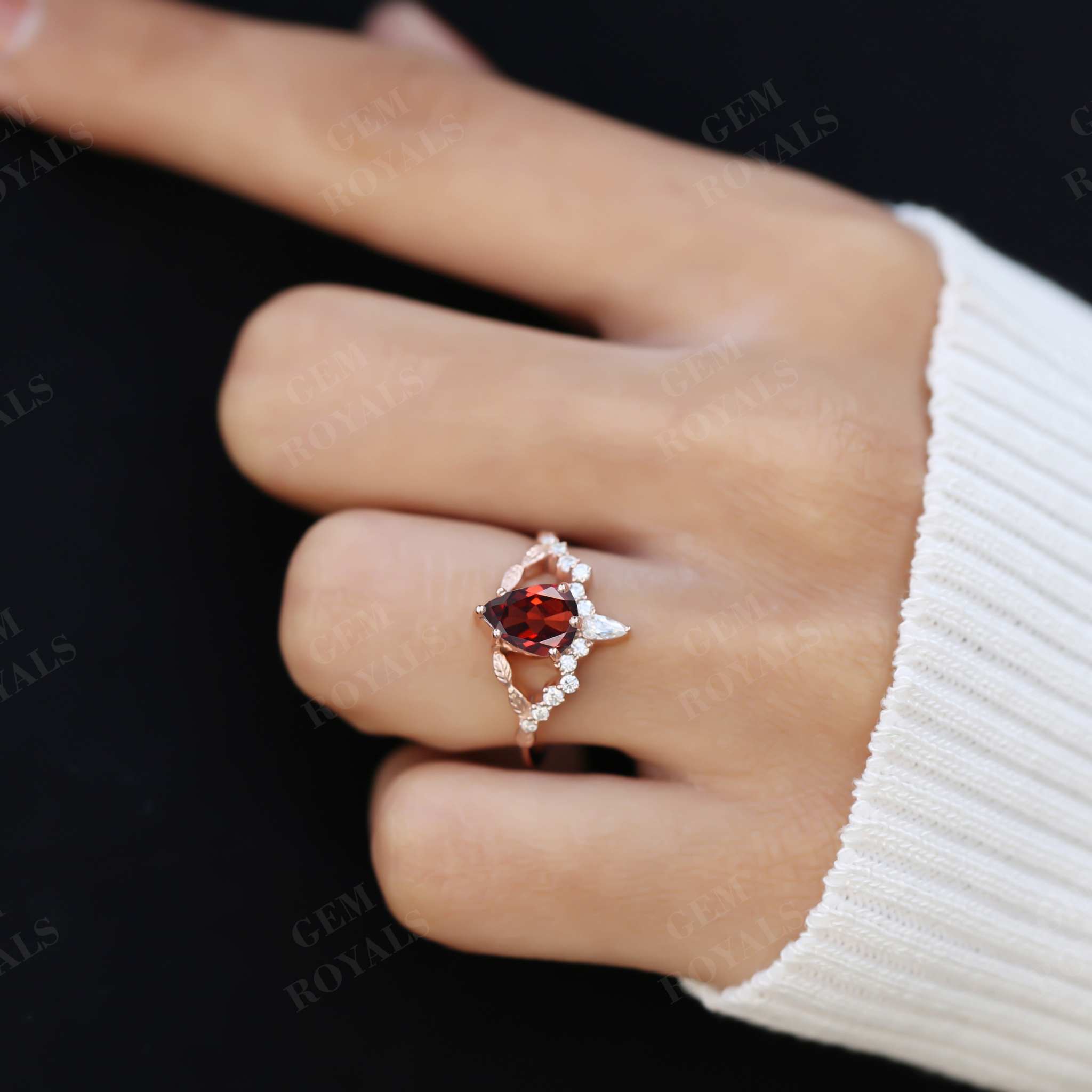 Nature Inspired Pear Shaped Natural Garnet Engagement Ring