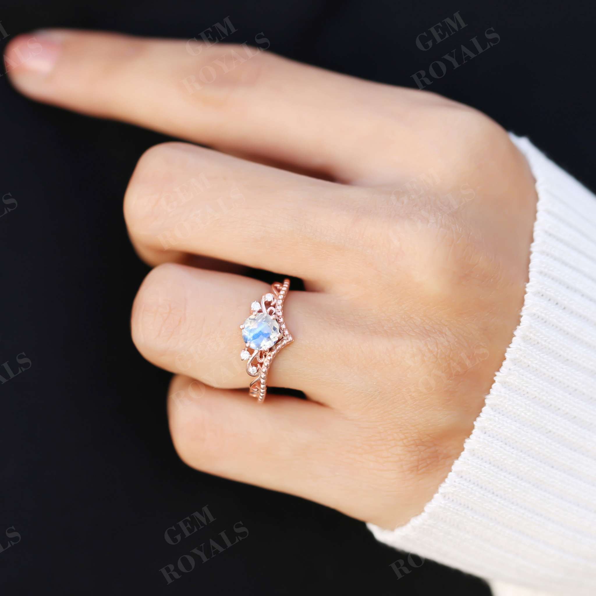 Vintage Style Chevron Round Moonstone Engagement Ring