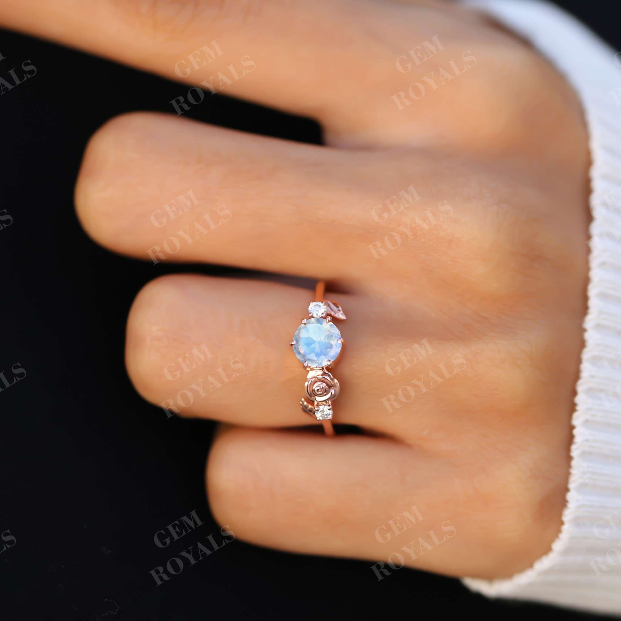 Dainty Flower Round Cut Moonstone Engagement Ring