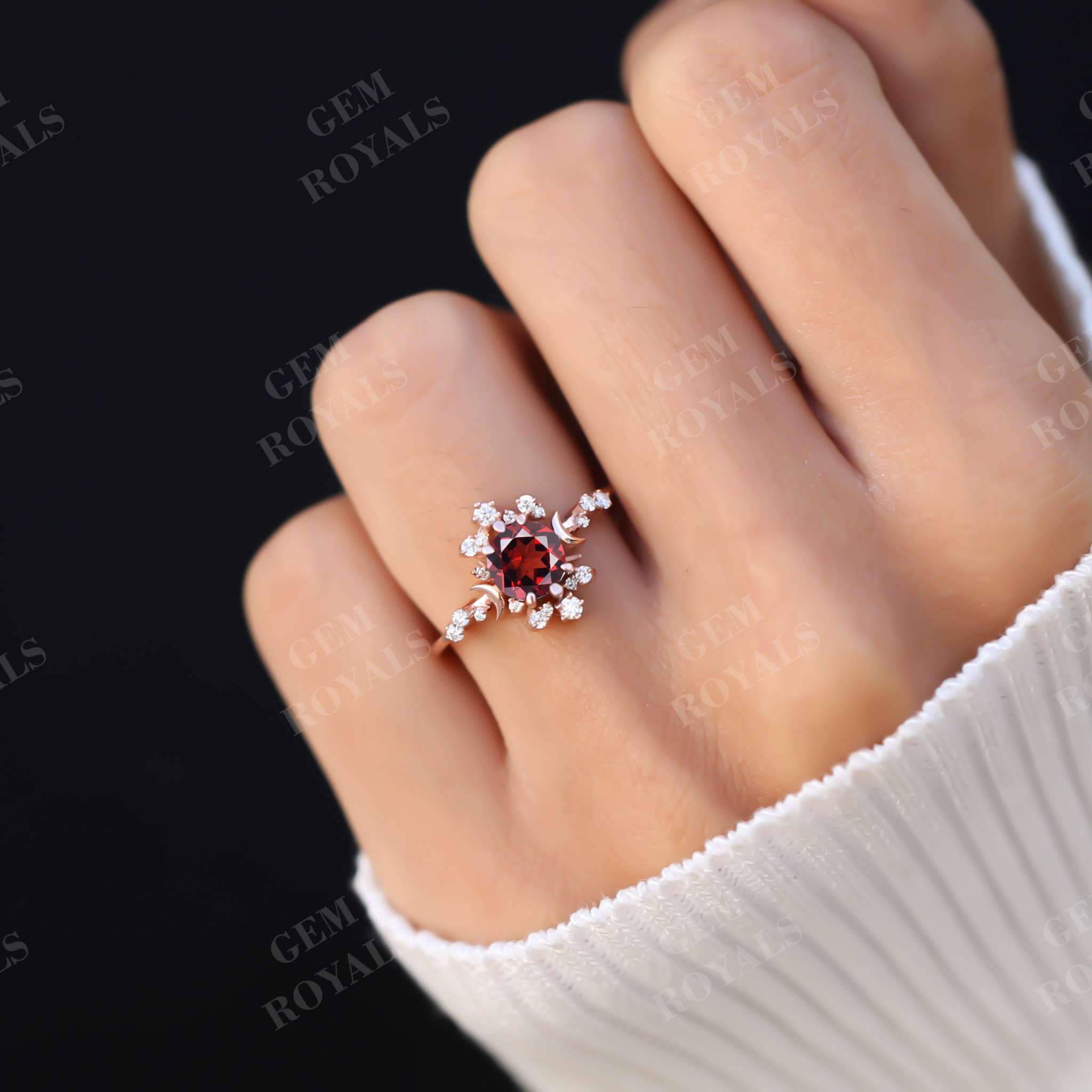 Art Deco Cluster Round Natural Red Garnet Engagement Ring