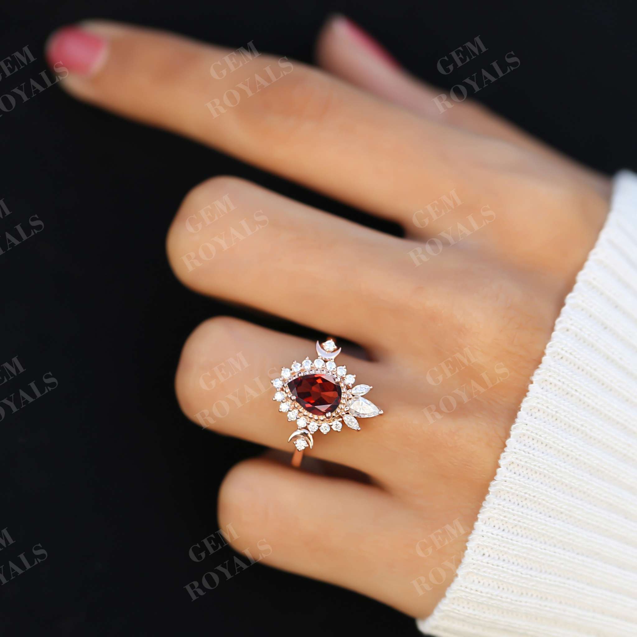 Art Deco Pear Shaped Red Garnet Halo Engagement Ring