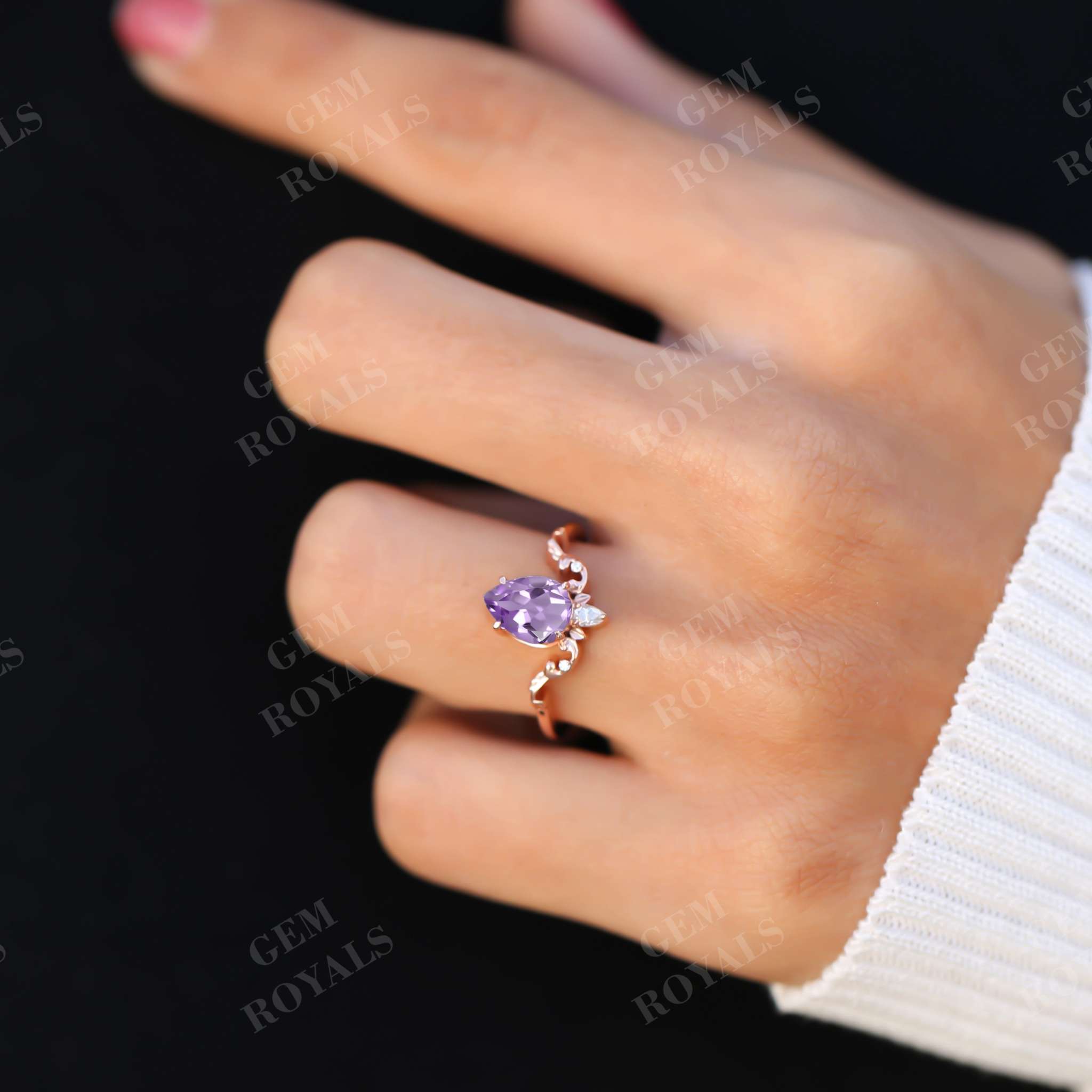 Vintage Style Pear Shaped Amethyst Engagement Ring