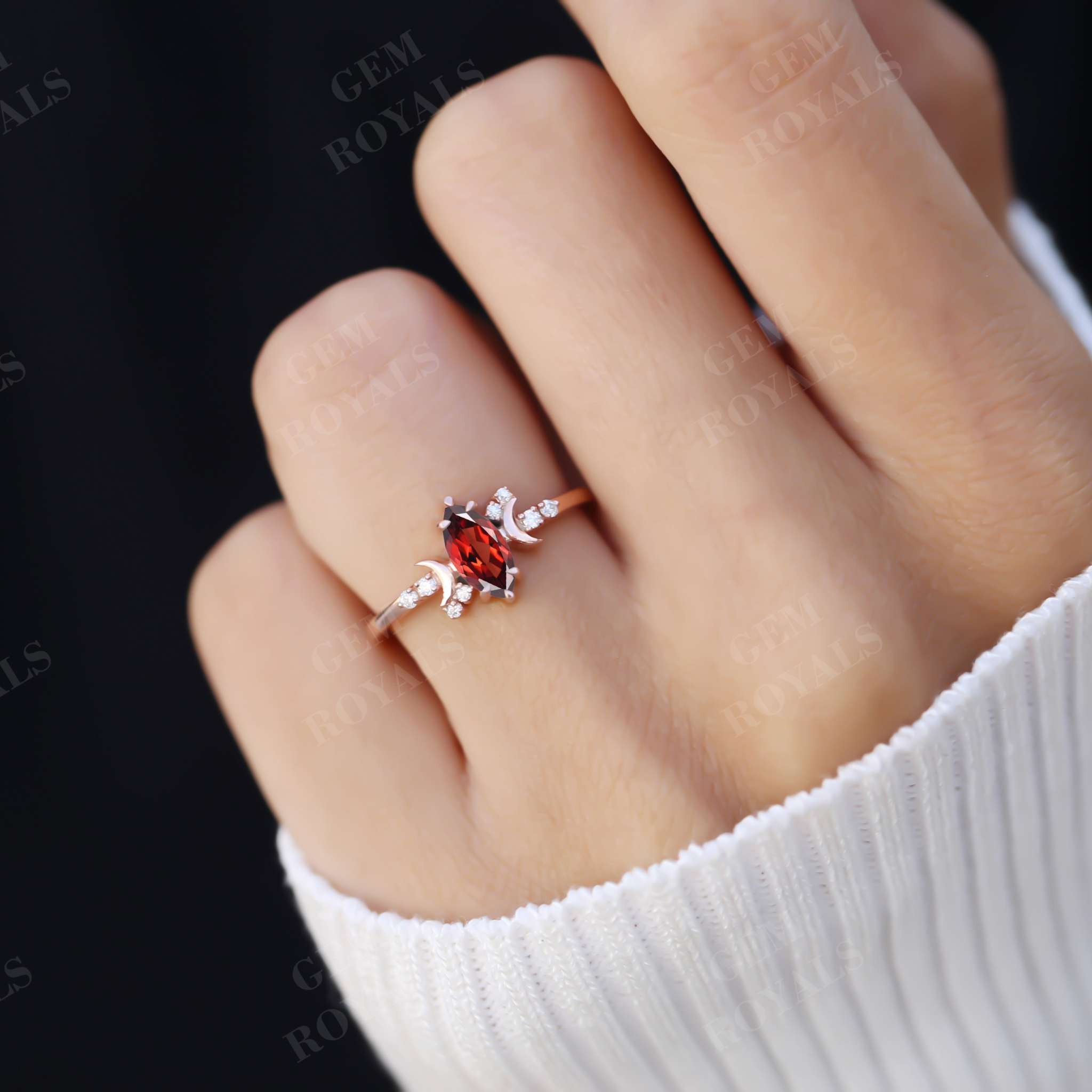 Vintage Style Celestial Marquise Red Garnet engagement Ring