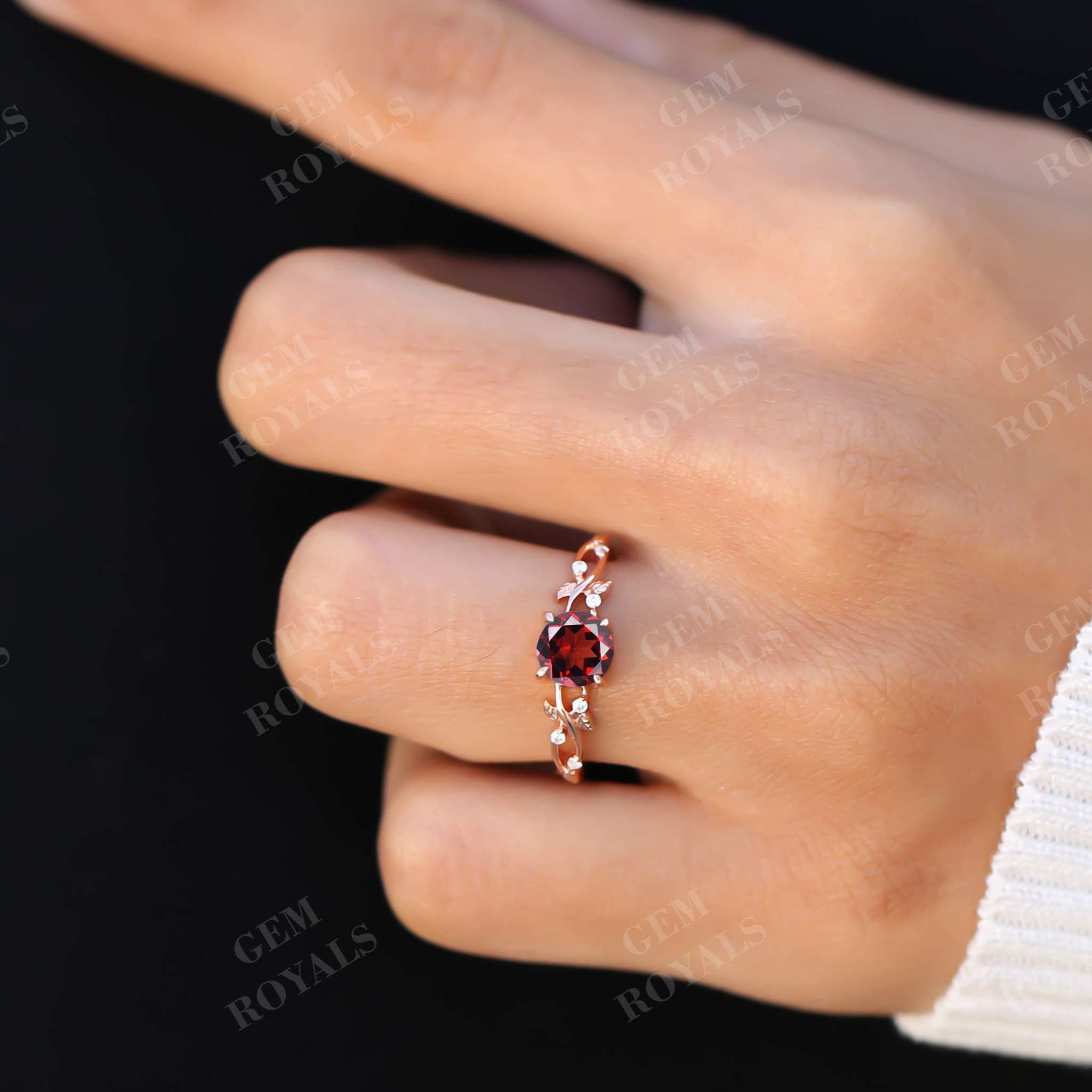 Nature Inspired Round Cut Red Garnet Engagement Ring