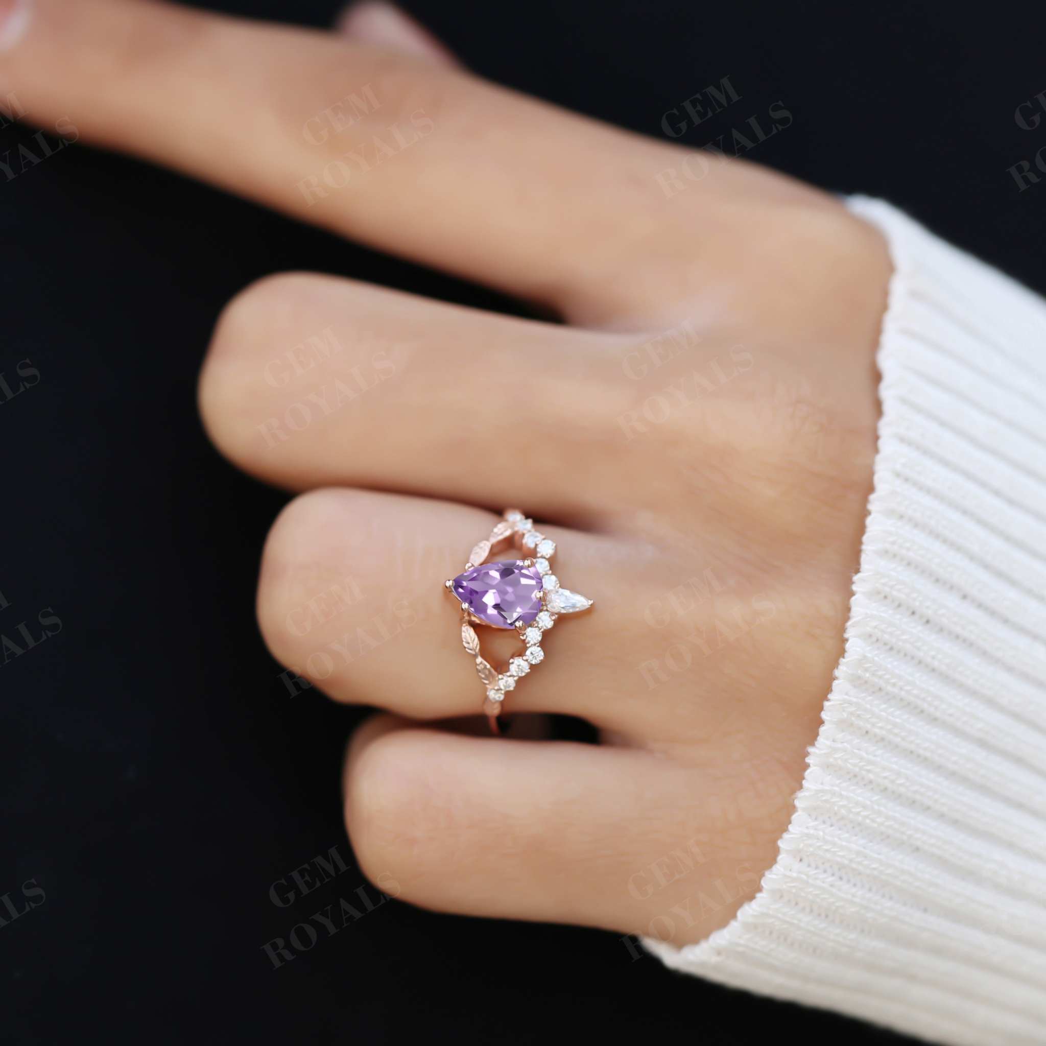 Nature Inspired Leaf Design Pear Amethyst Engagement Ring