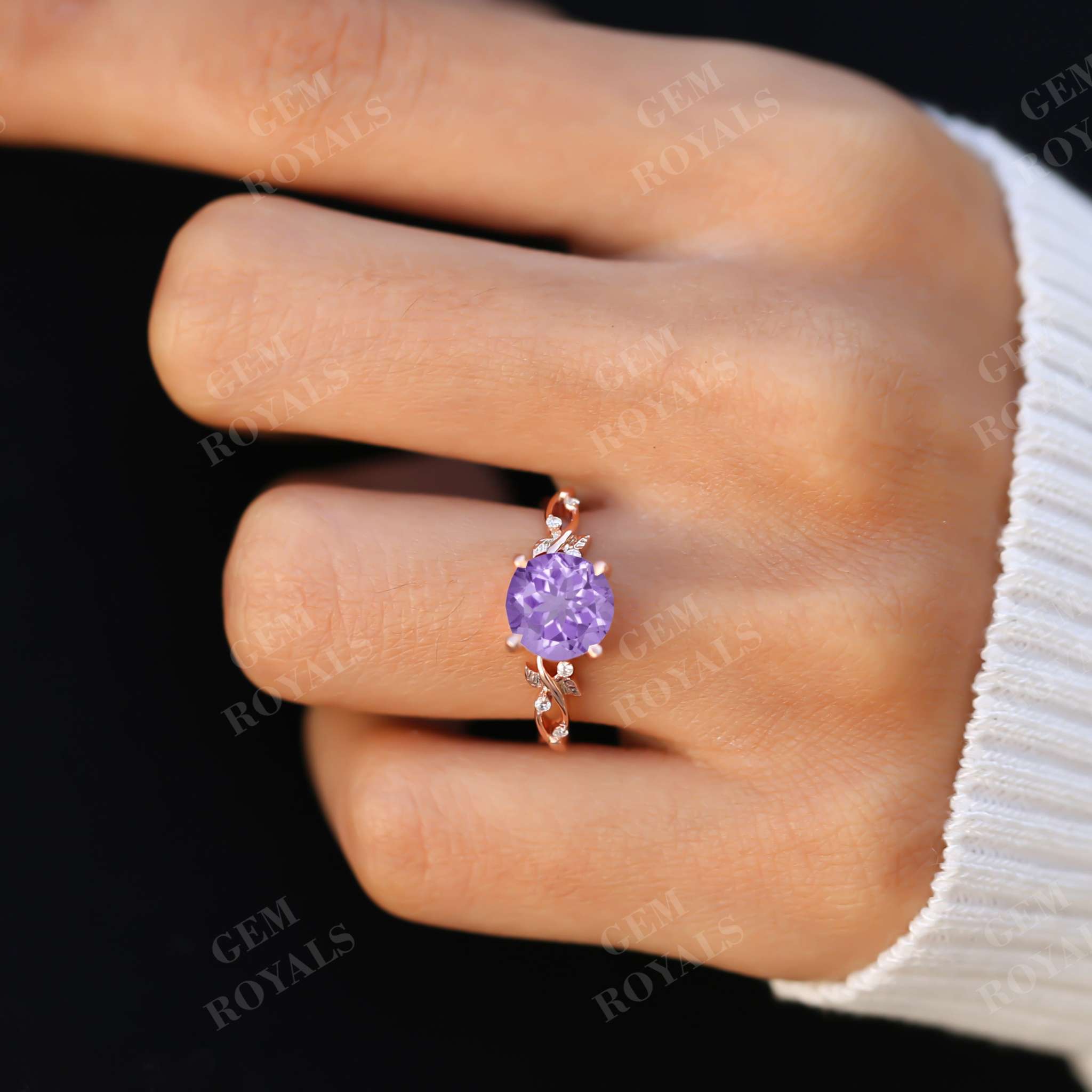 Nature Inspired Round Purple Amethyst Engagement Ring