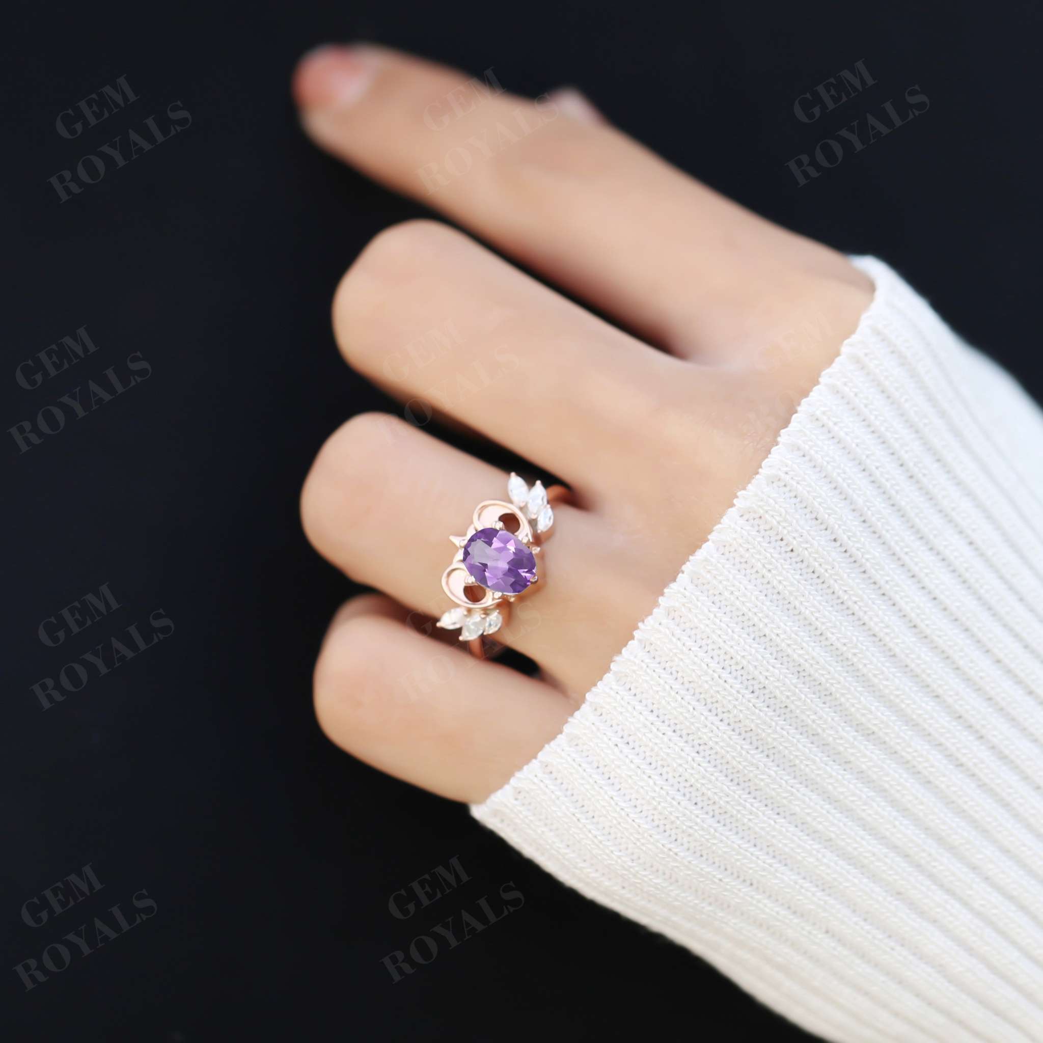 Vintage Style Oval and Marquise Amethyst Engagement Ring