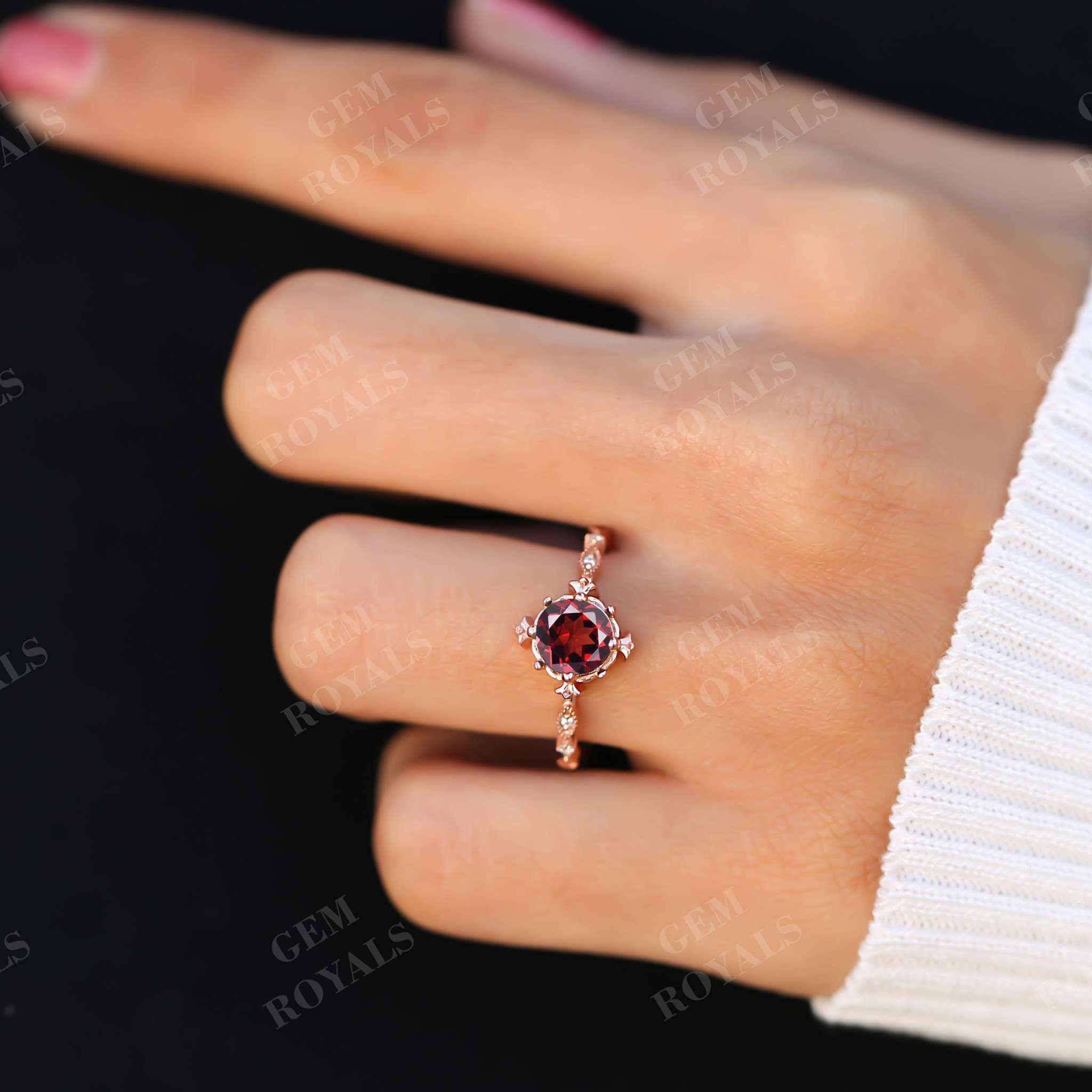 Vintage Milgrain Round Natural Red Garnet Engagement Ring