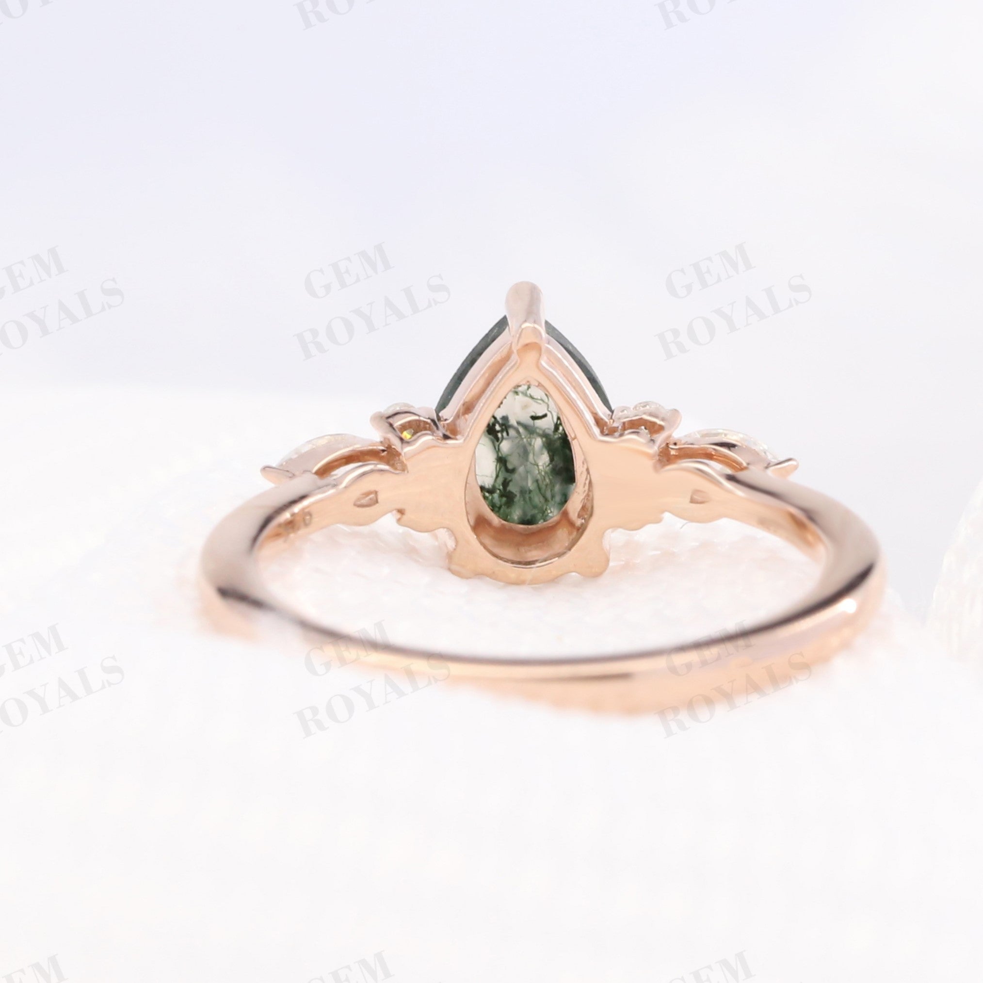 Cluster Pear Cut Natural Green Moss Agate Engagement Ring