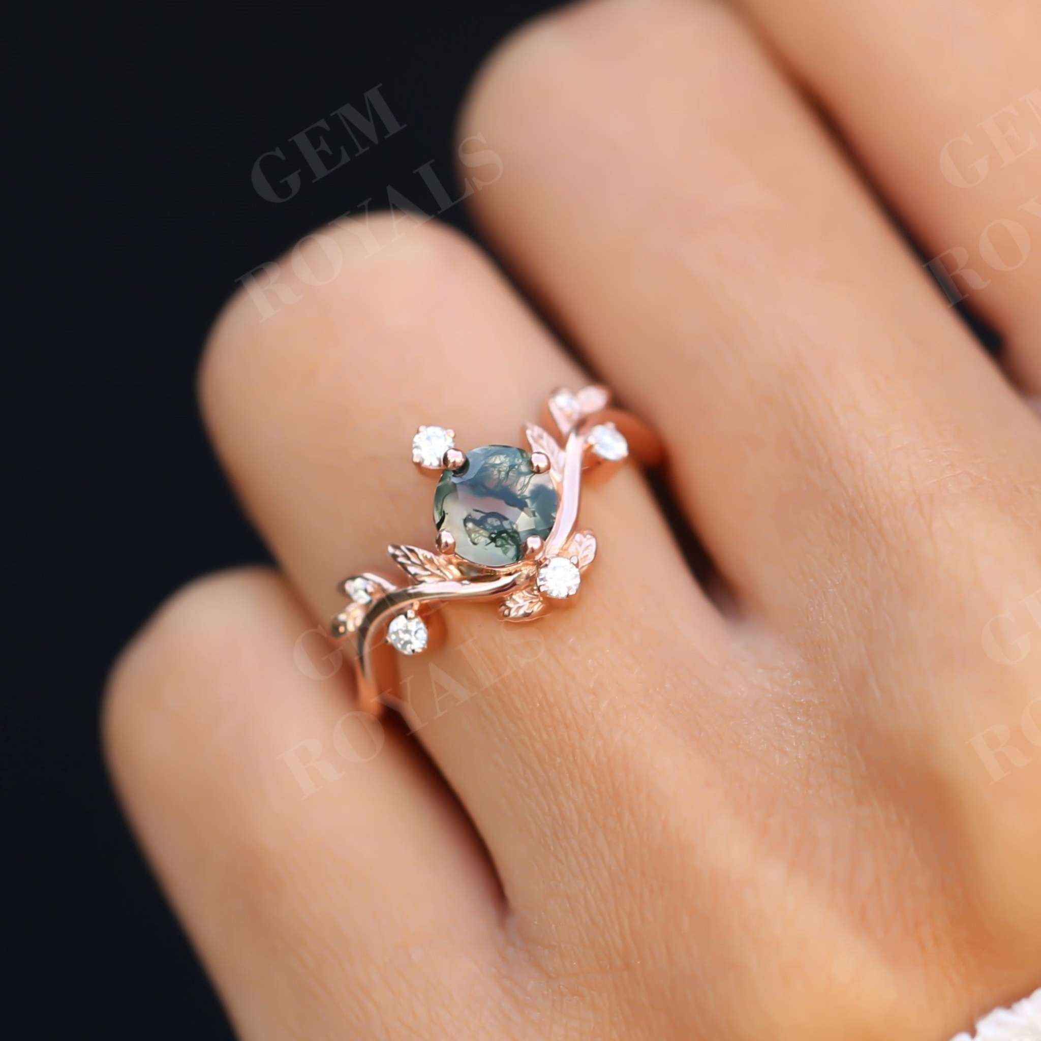 Art Deco Curved leaf Round cut Moss Agate Engagement Ring