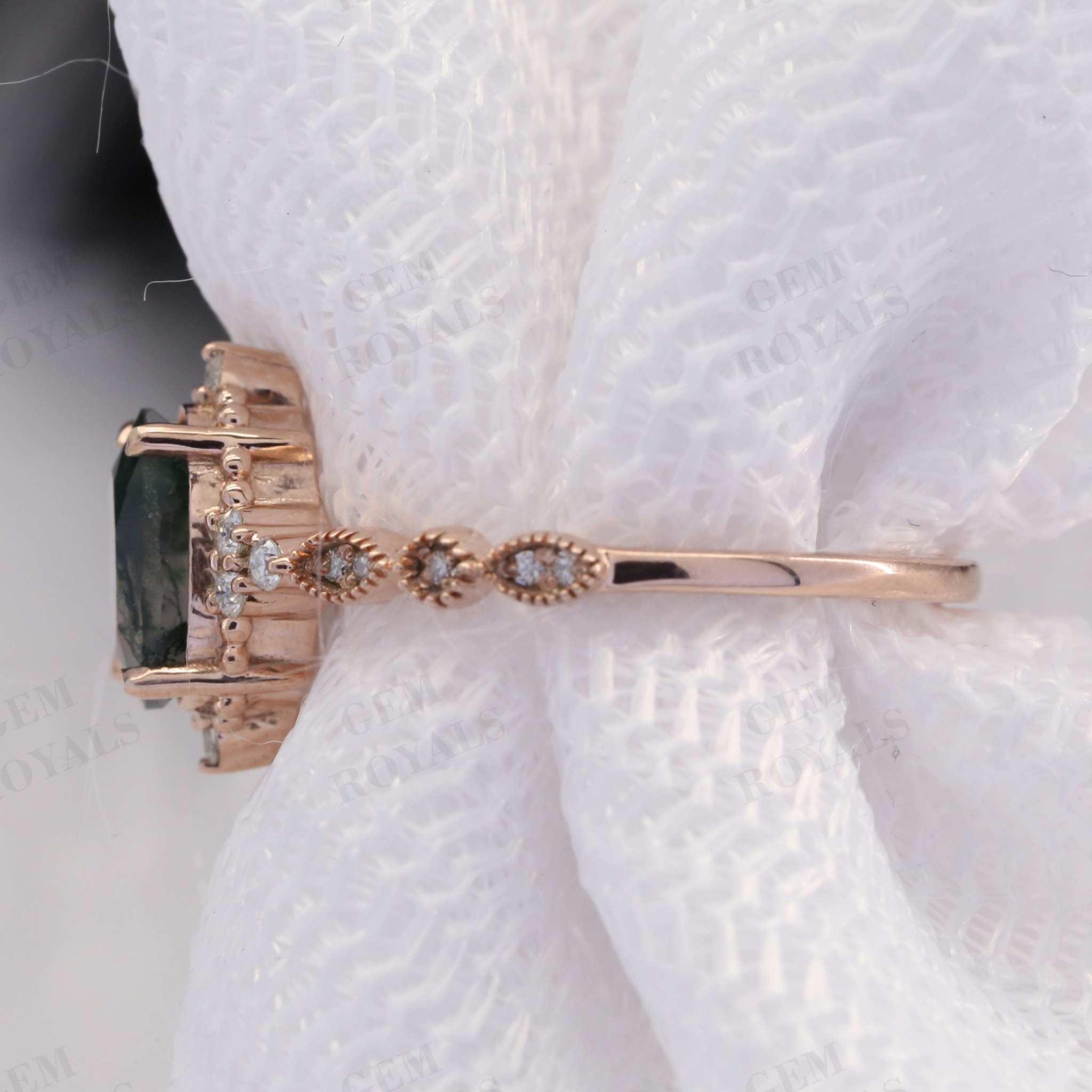 Art Deco Oval Natural Green Moss Agate Engagement Ring