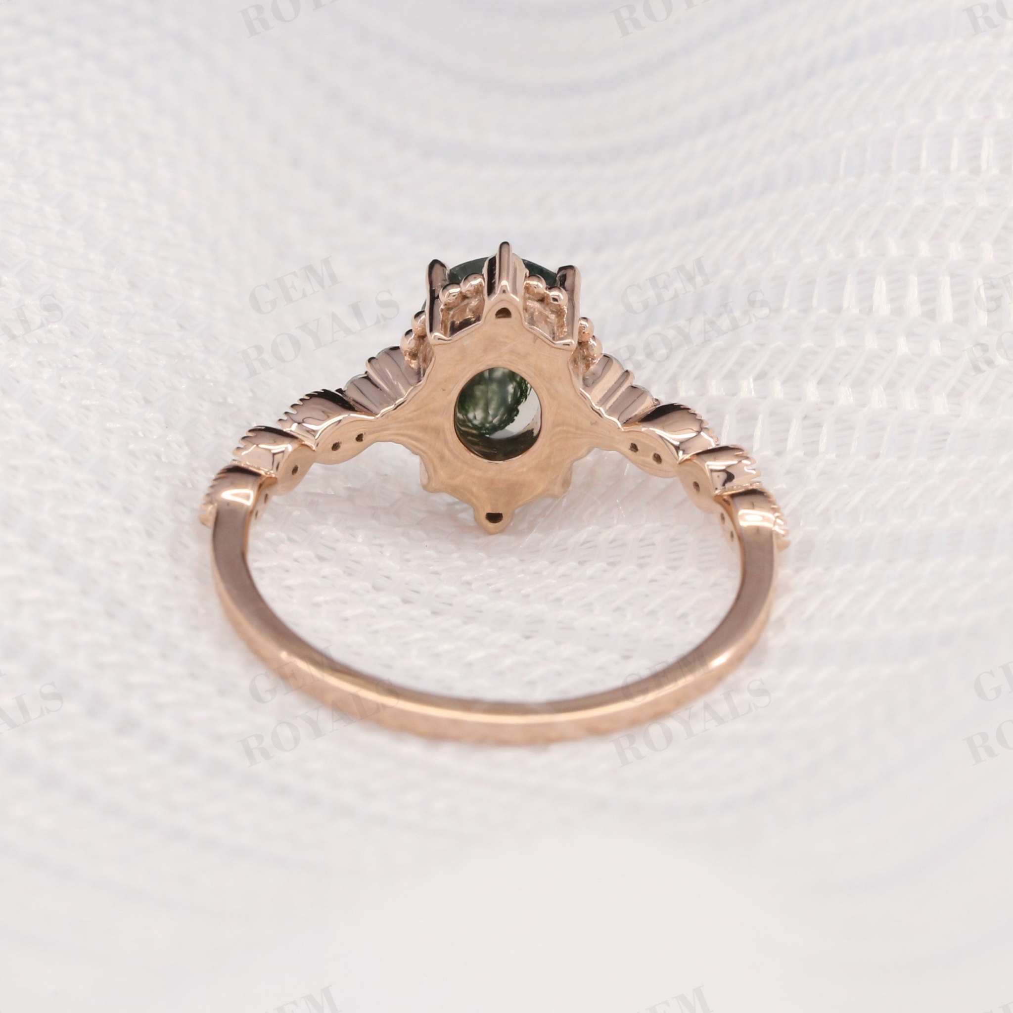 Art Deco Oval Natural Green Moss Agate Engagement Ring