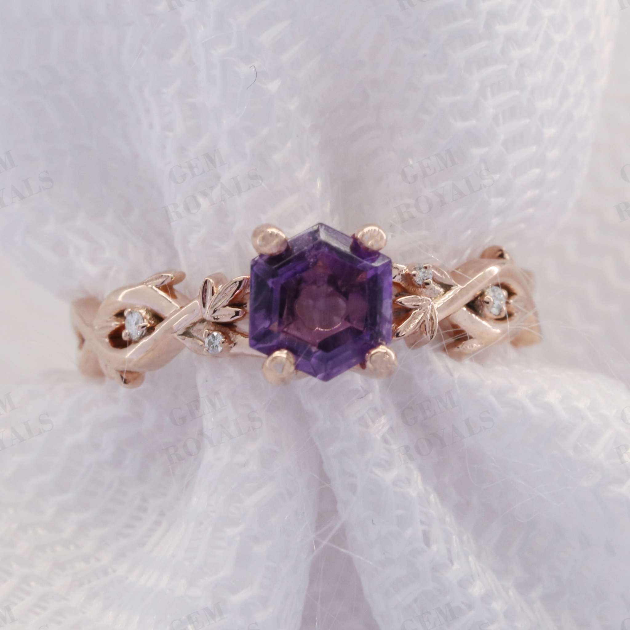 Vintage Nature Inspired Hexagon Amethyst Engagement Ring