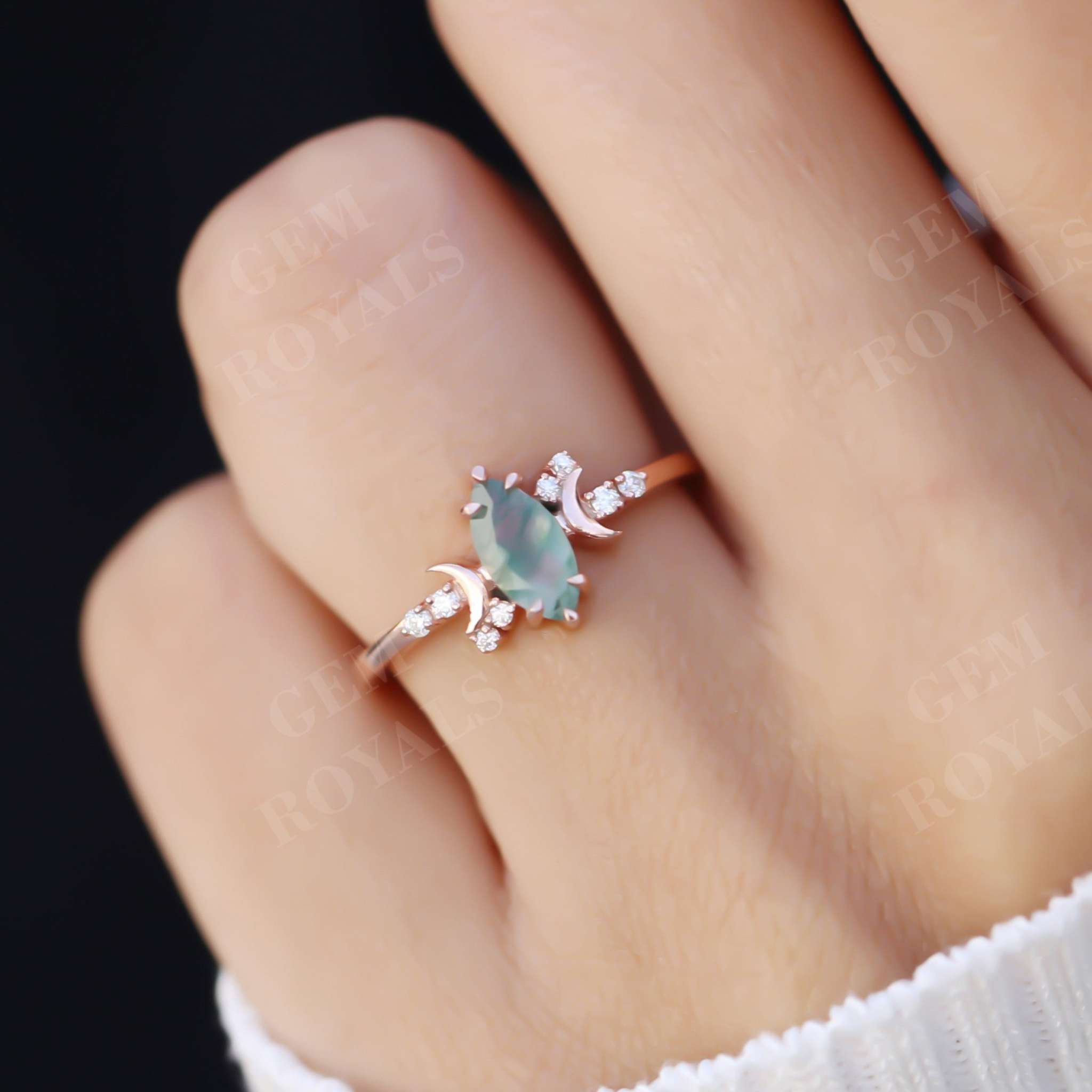 Vintage Celestial Marquise Cut Moss Agate Engagement Ring