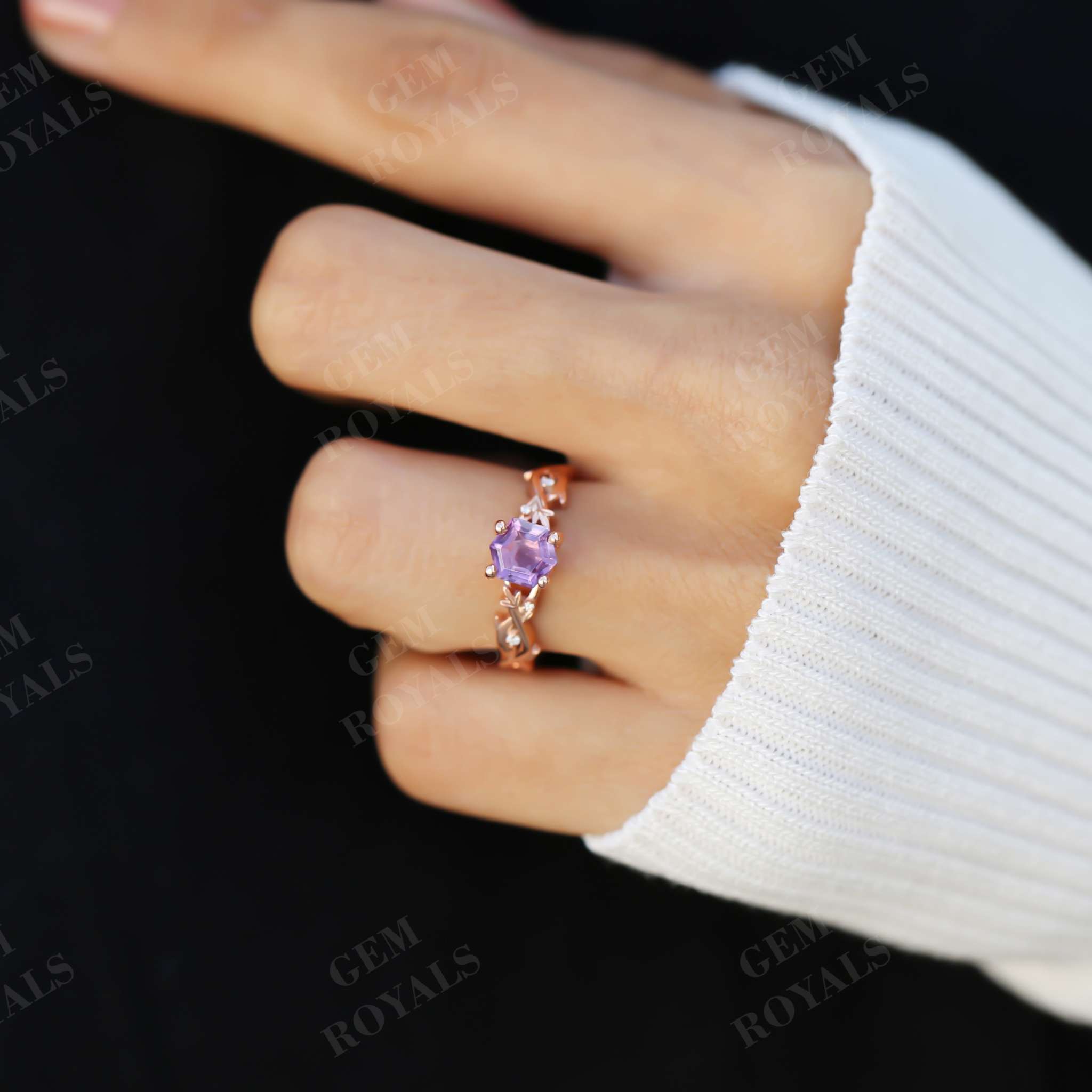 Vintage Nature Inspired Hexagon Amethyst Engagement Ring