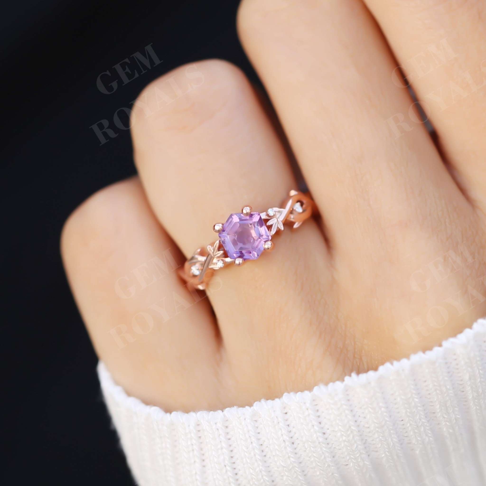 Vintage Nature Inspired Hexagon Amethyst Engagement Ring