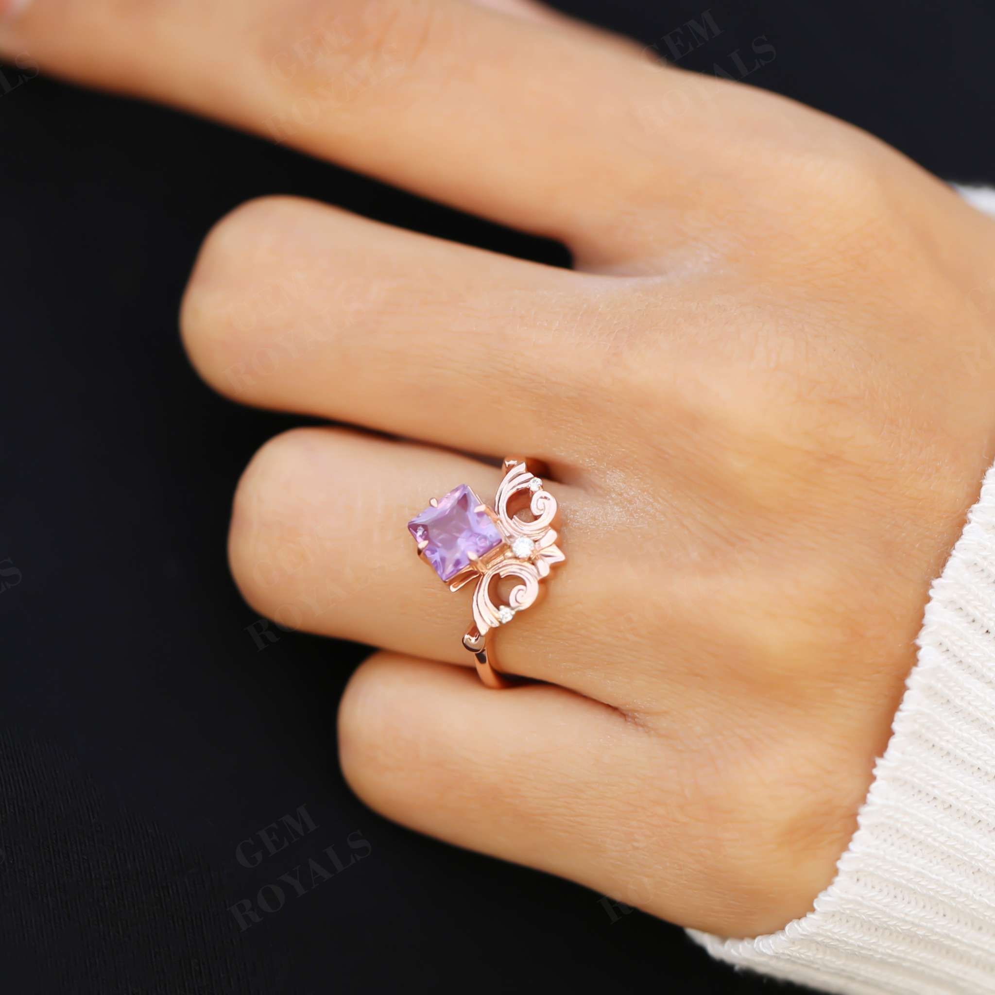 Natural Amethyst Princess Cut Vintage Engagement Ring