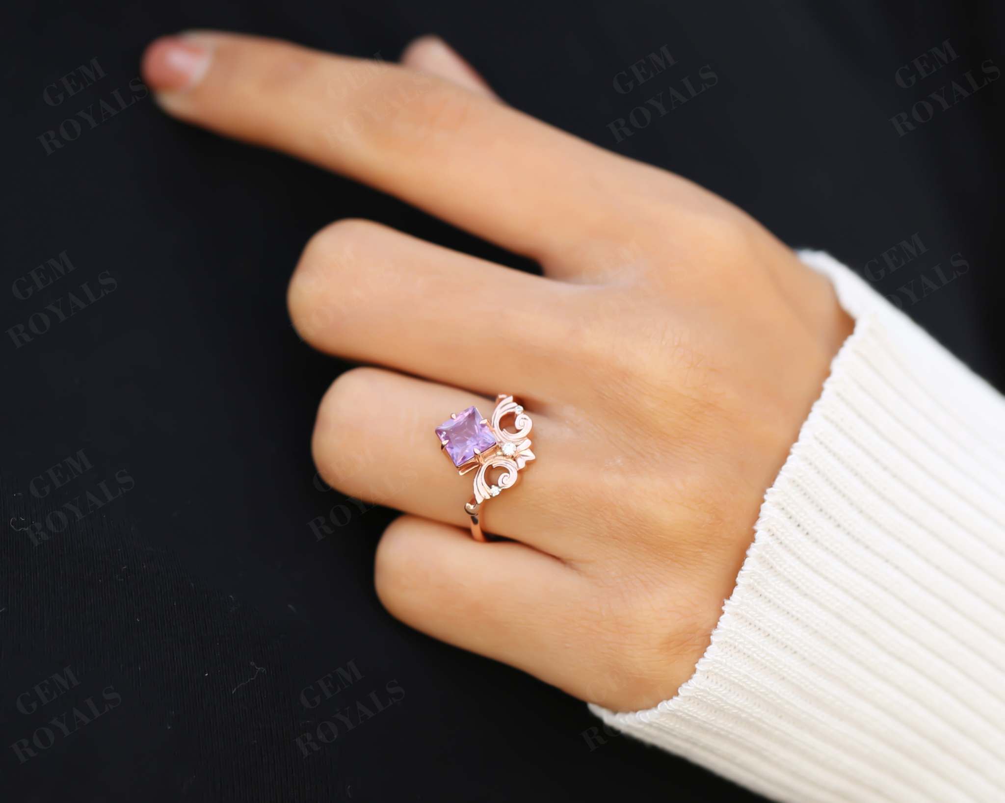 Natural Amethyst Princess Cut Vintage Engagement Ring